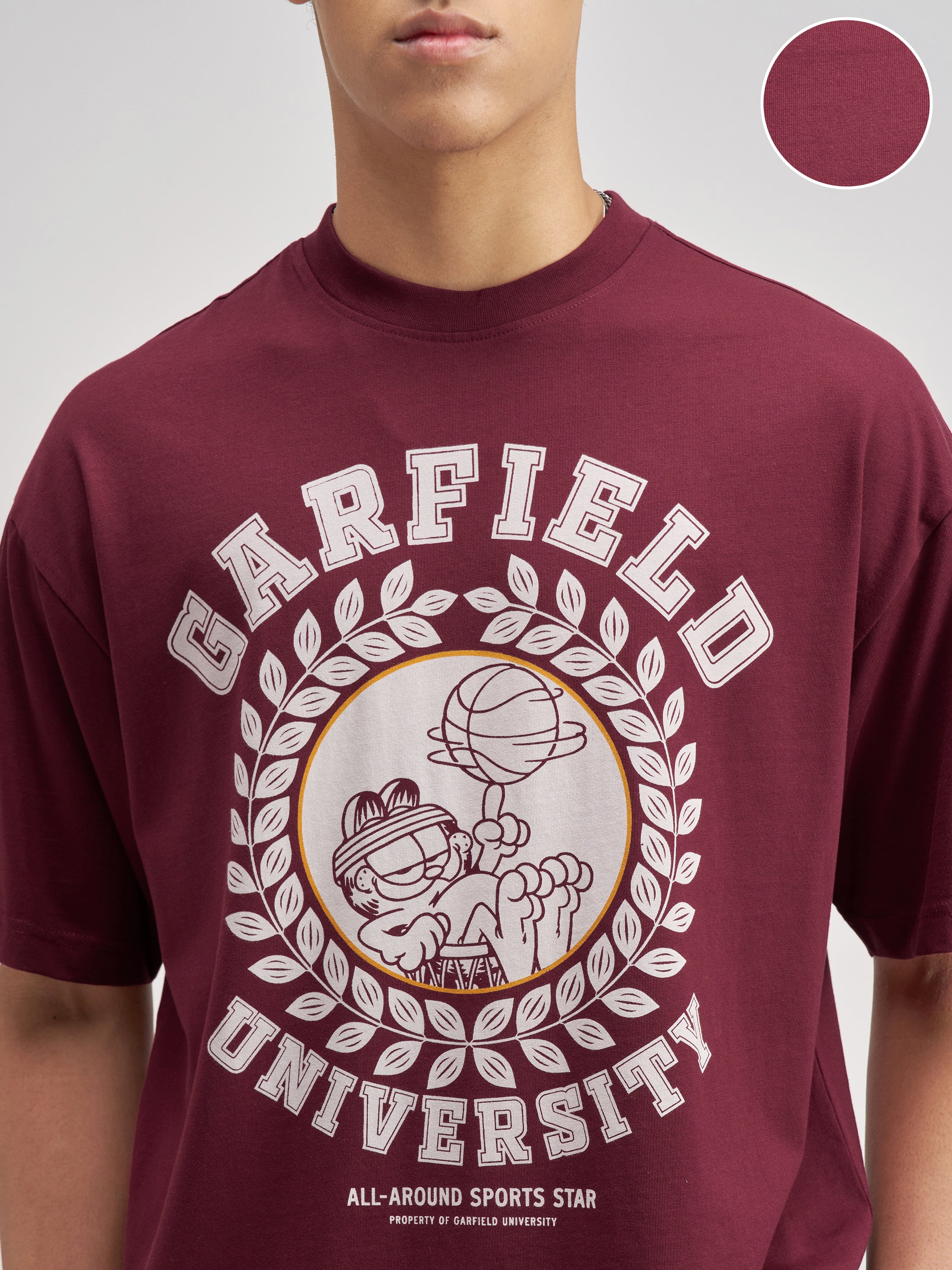 Highlander Men Maroon Garfield Printed Round Neck Oversized Fit T-Shirt - Maroon - Image 5