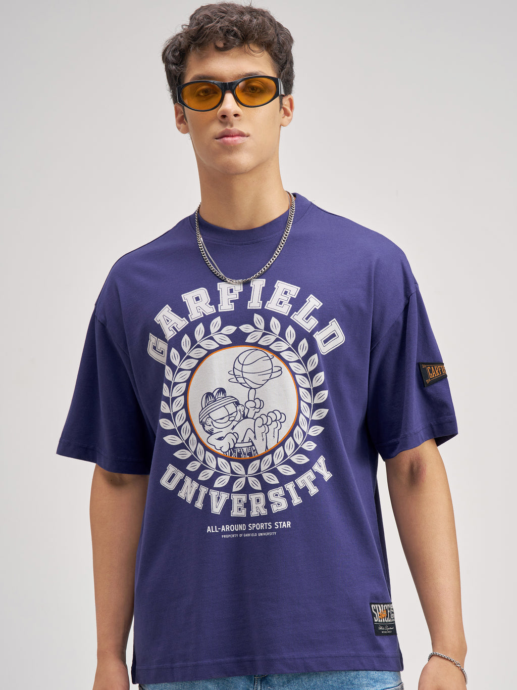 Highlander Men Blue Garfield Printed Round Neck Oversized Fit T-Shirt - Blue - Image 1