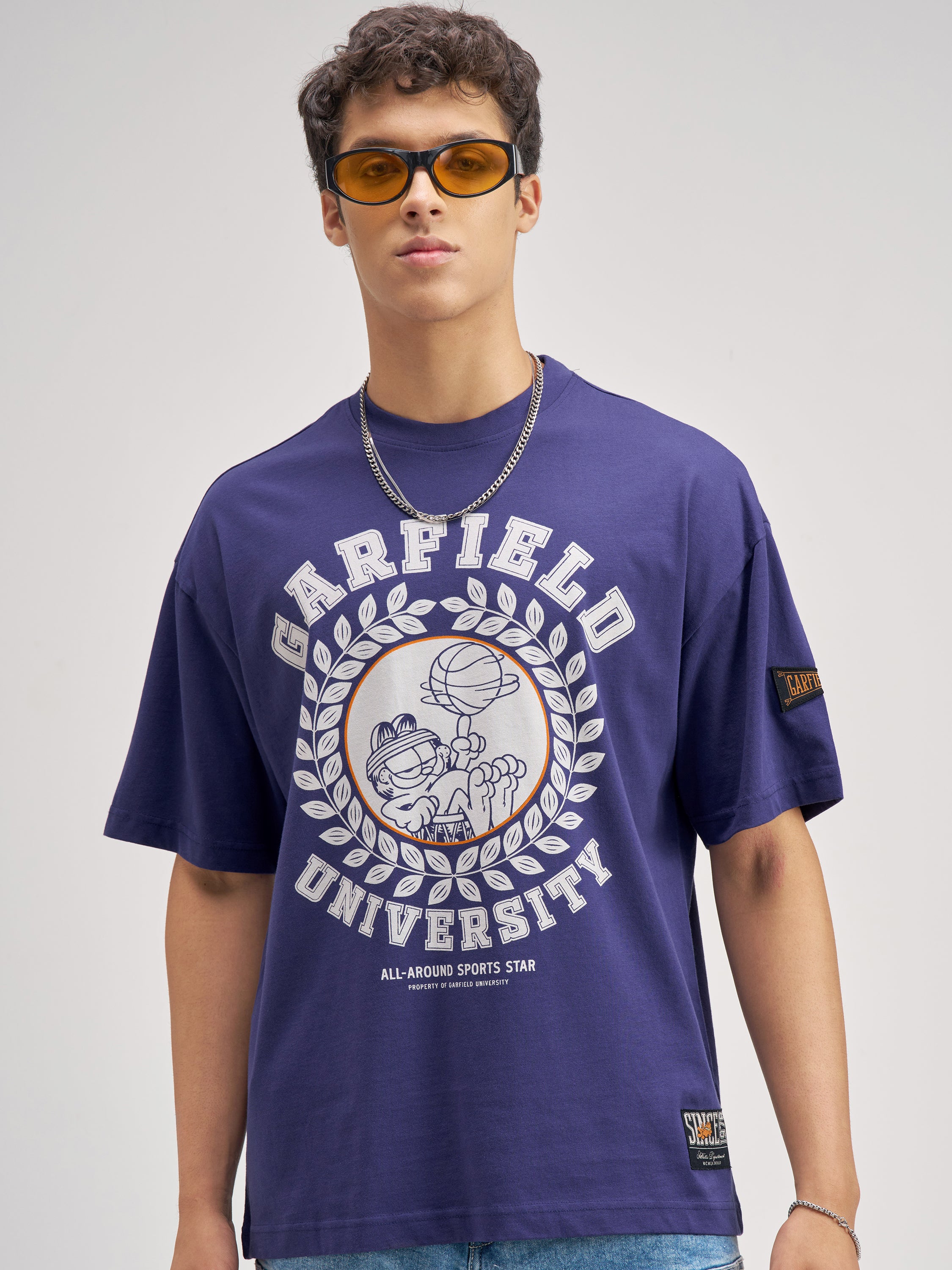 Highlander Men Blue Garfield Printed Round Neck Oversized Fit T-Shirt - Blue - Image 1