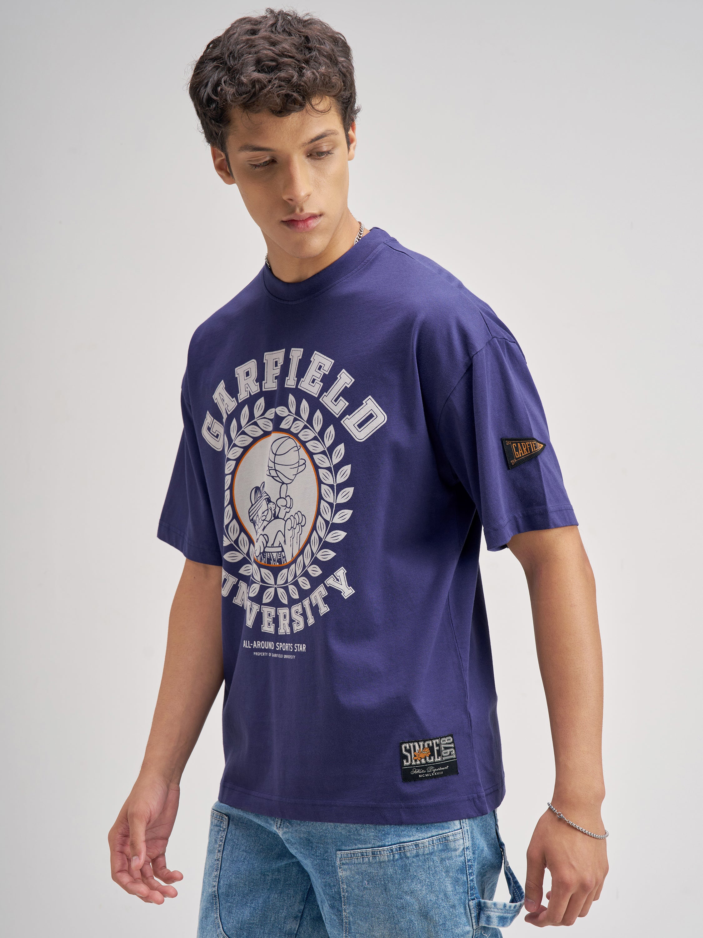 Highlander Men Blue Garfield Printed Round Neck Oversized Fit T-Shirt - Blue - Image 4