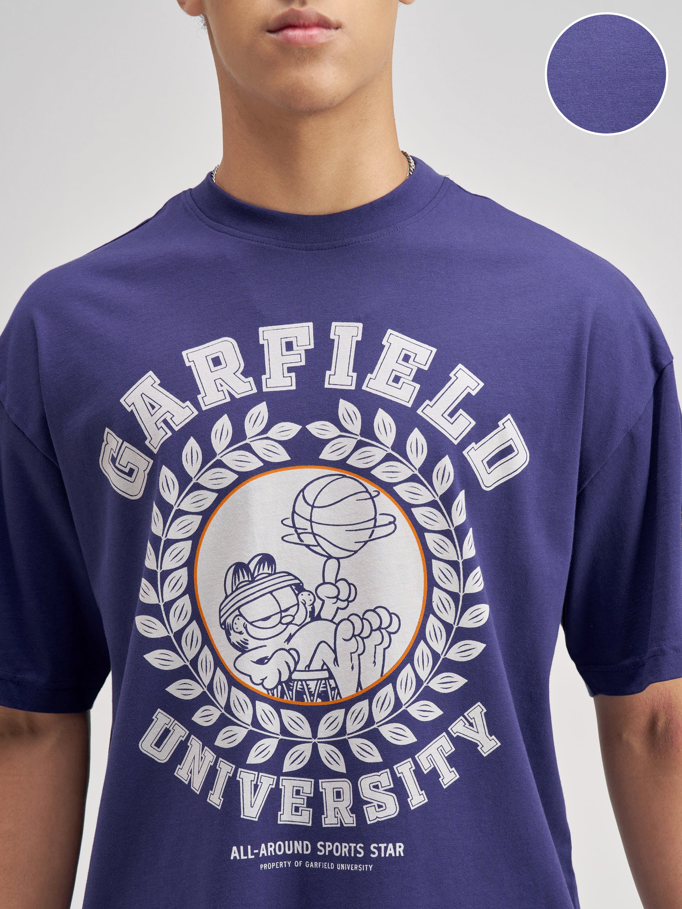 Highlander Men Blue Garfield Printed Round Neck Oversized Fit T-Shirt - Blue - Image 5