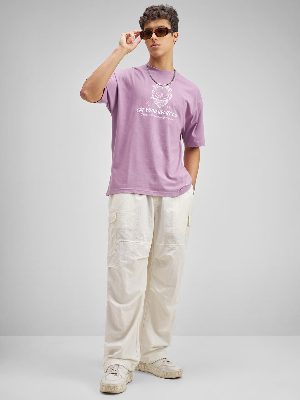 Highlander Men Lavender Garfield Printed Round Neck Oversized Fit T-Shirt - Lavender - Image 2