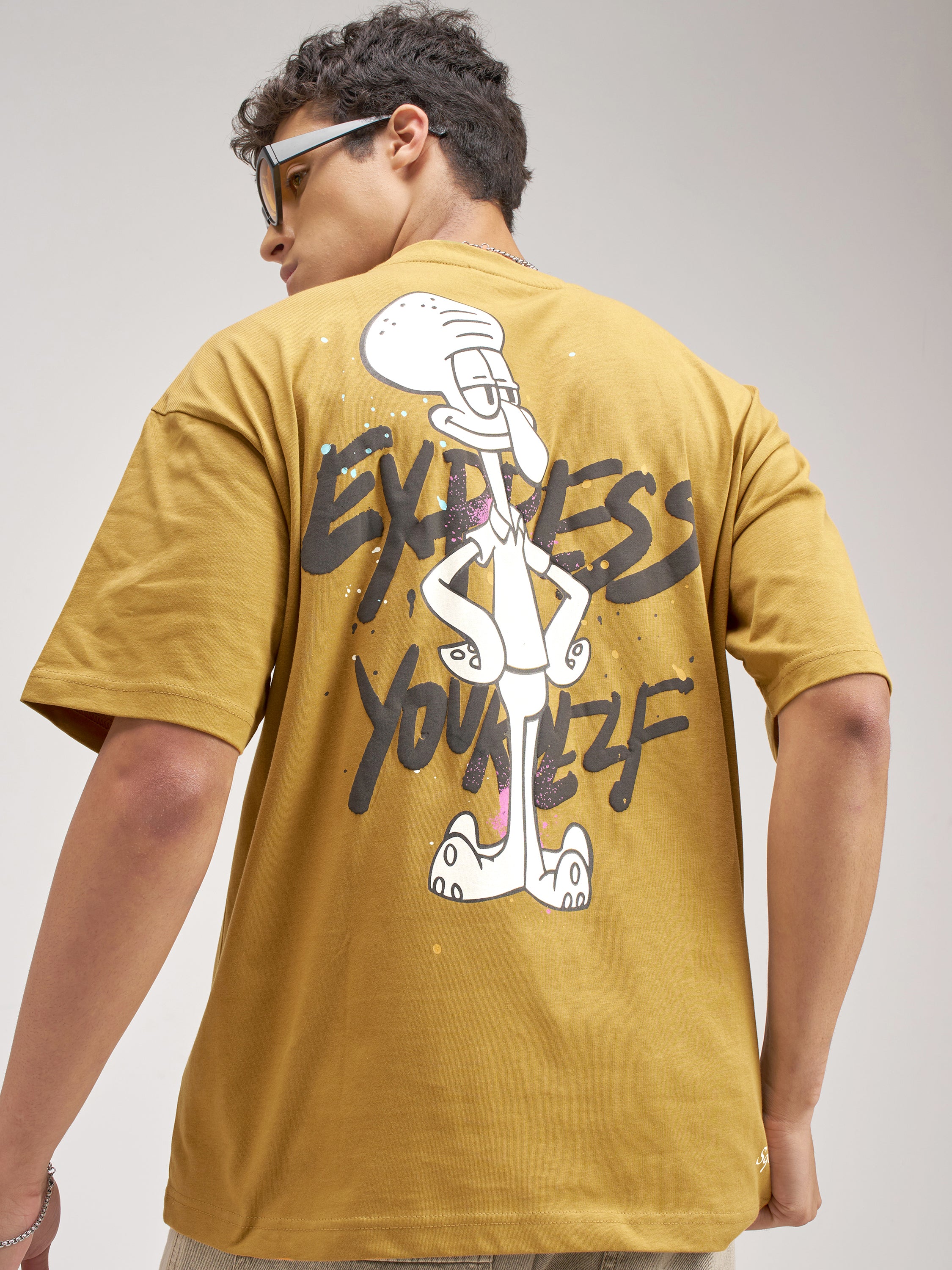 Highlander Men Mustard Spongebob Squarepants Printed Round Neck Oversized Fit T-Shirt - Mustard - Image 1