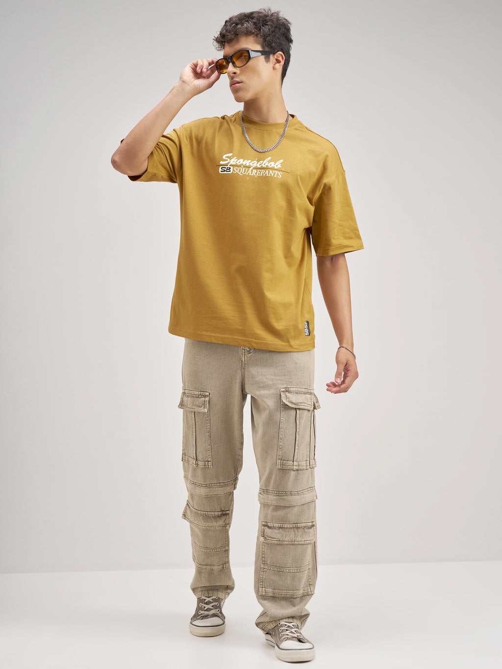 Highlander Men Mustard Spongebob Squarepants Printed Round Neck Oversized Fit T-Shirt - Mustard - Image 2