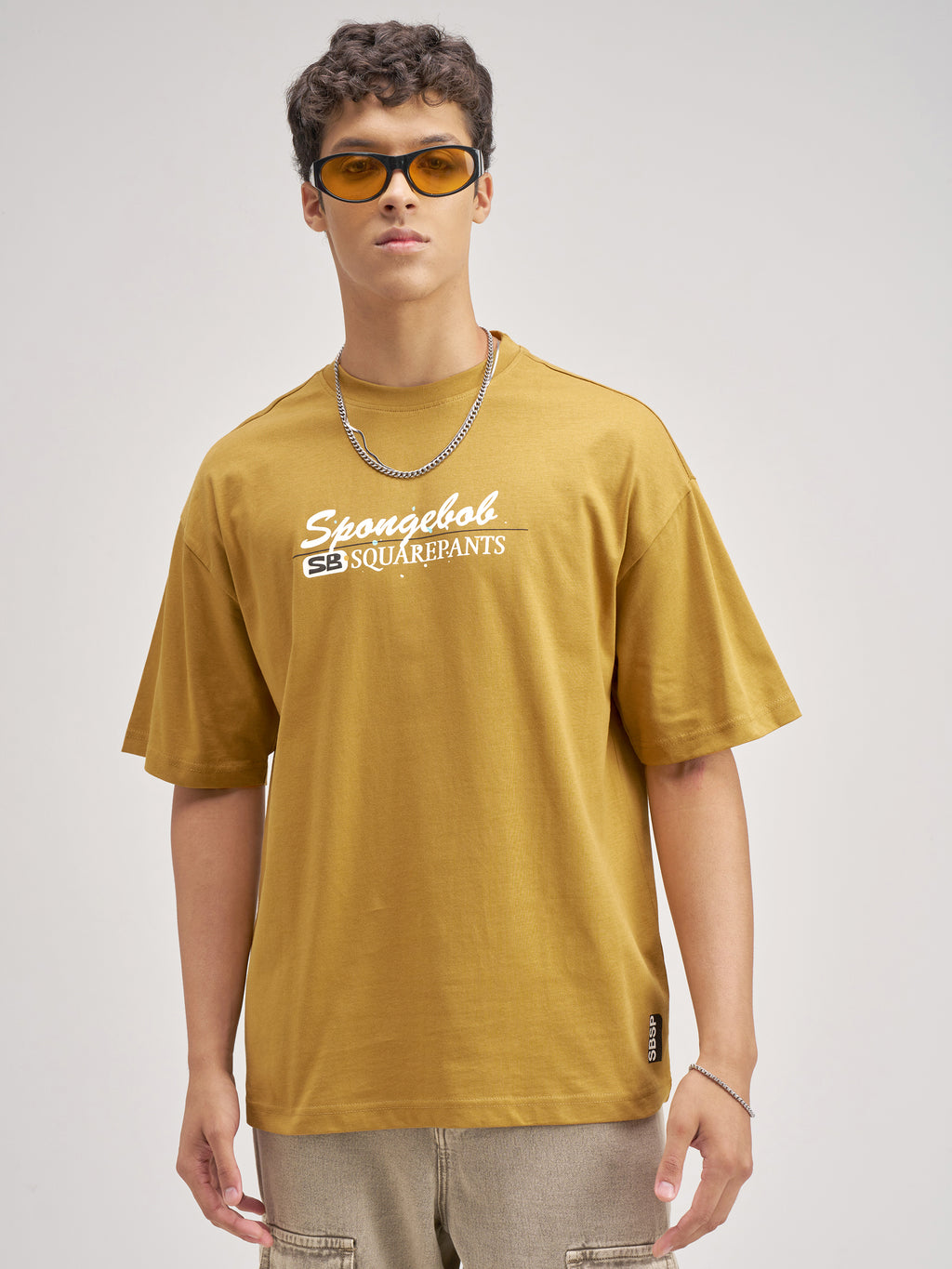 Highlander Men Mustard Spongebob Squarepants Printed Round Neck Oversized Fit T-Shirt - Mustard - Image 3
