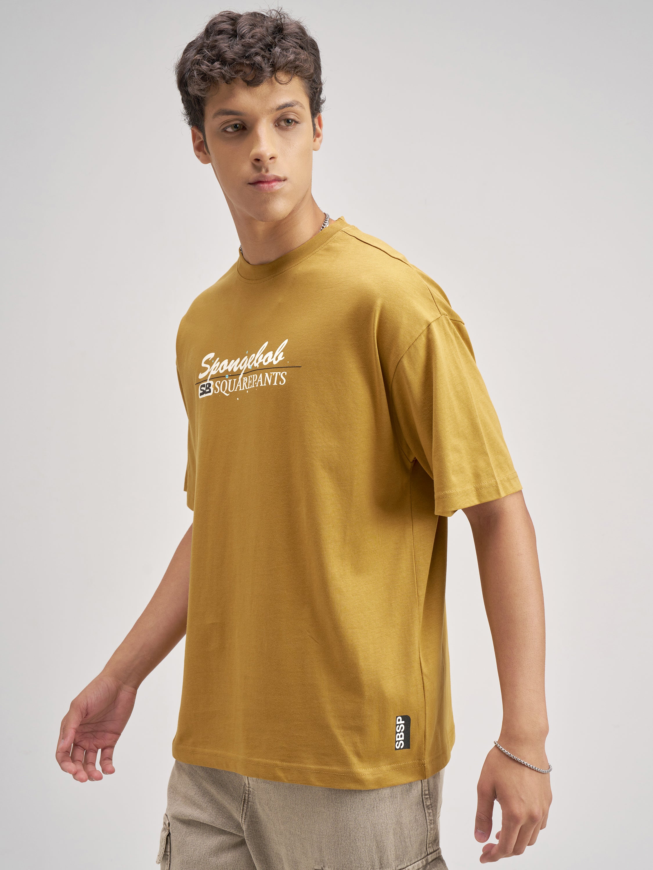 Highlander Men Mustard Spongebob Squarepants Printed Round Neck Oversized Fit T-Shirt - Mustard - Image 4