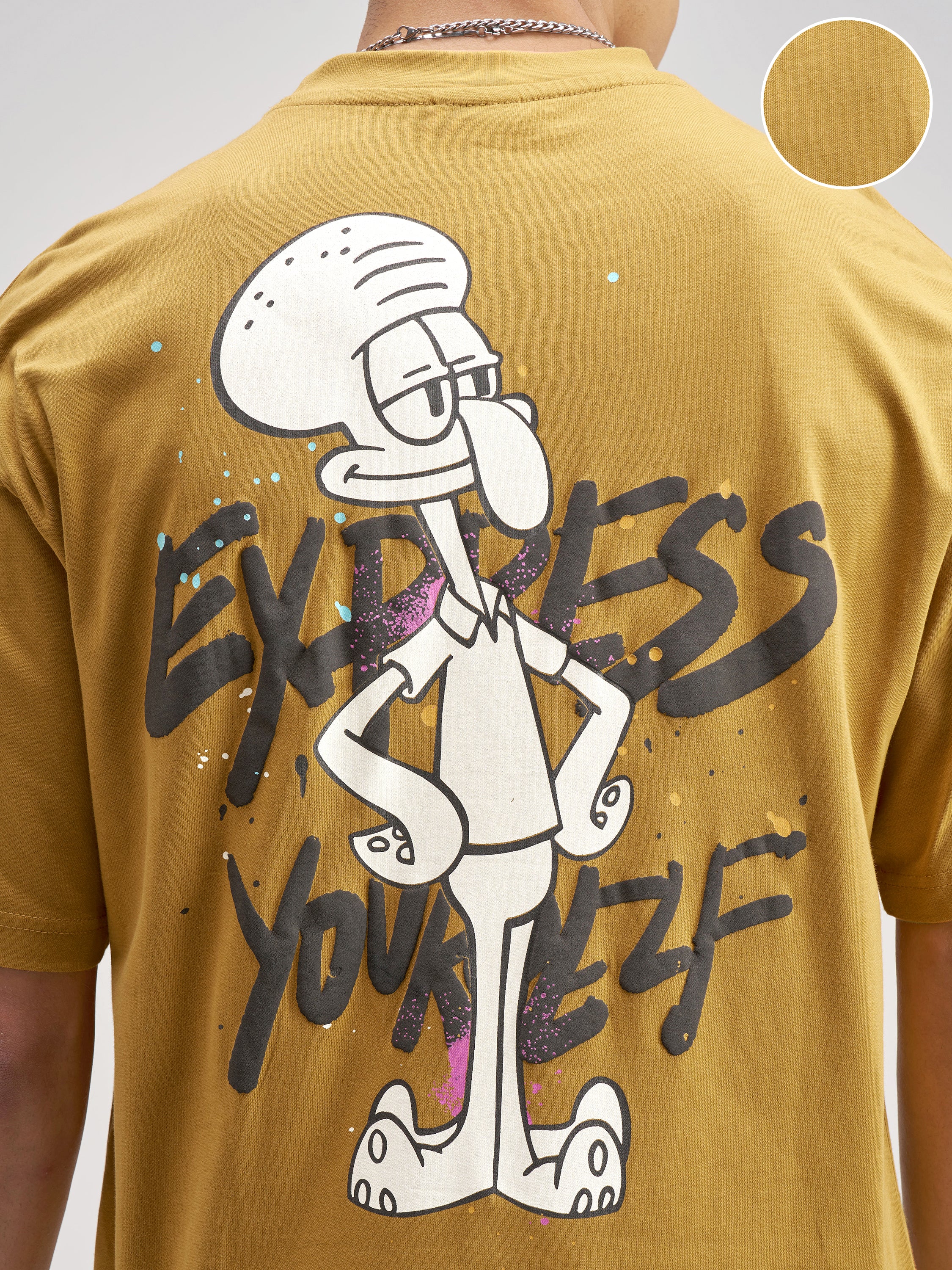 Highlander Men Mustard Spongebob Squarepants Printed Round Neck Oversized Fit T-Shirt - Mustard - Image 5