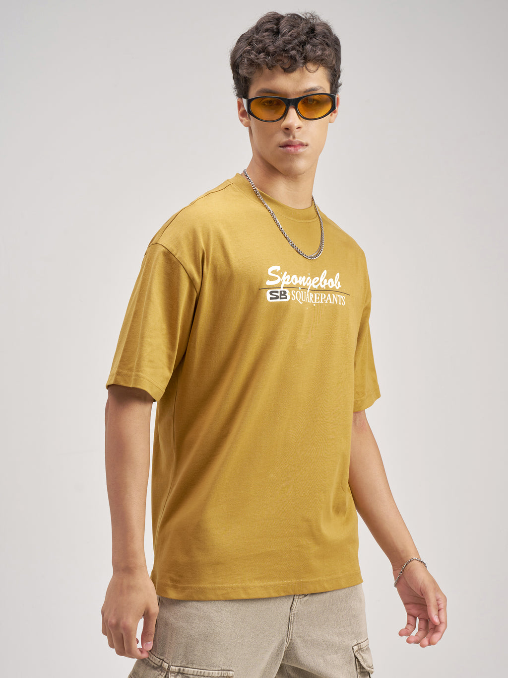 Highlander Men Mustard Spongebob Squarepants Printed Round Neck Oversized Fit T-Shirt - Mustard - Image 6
