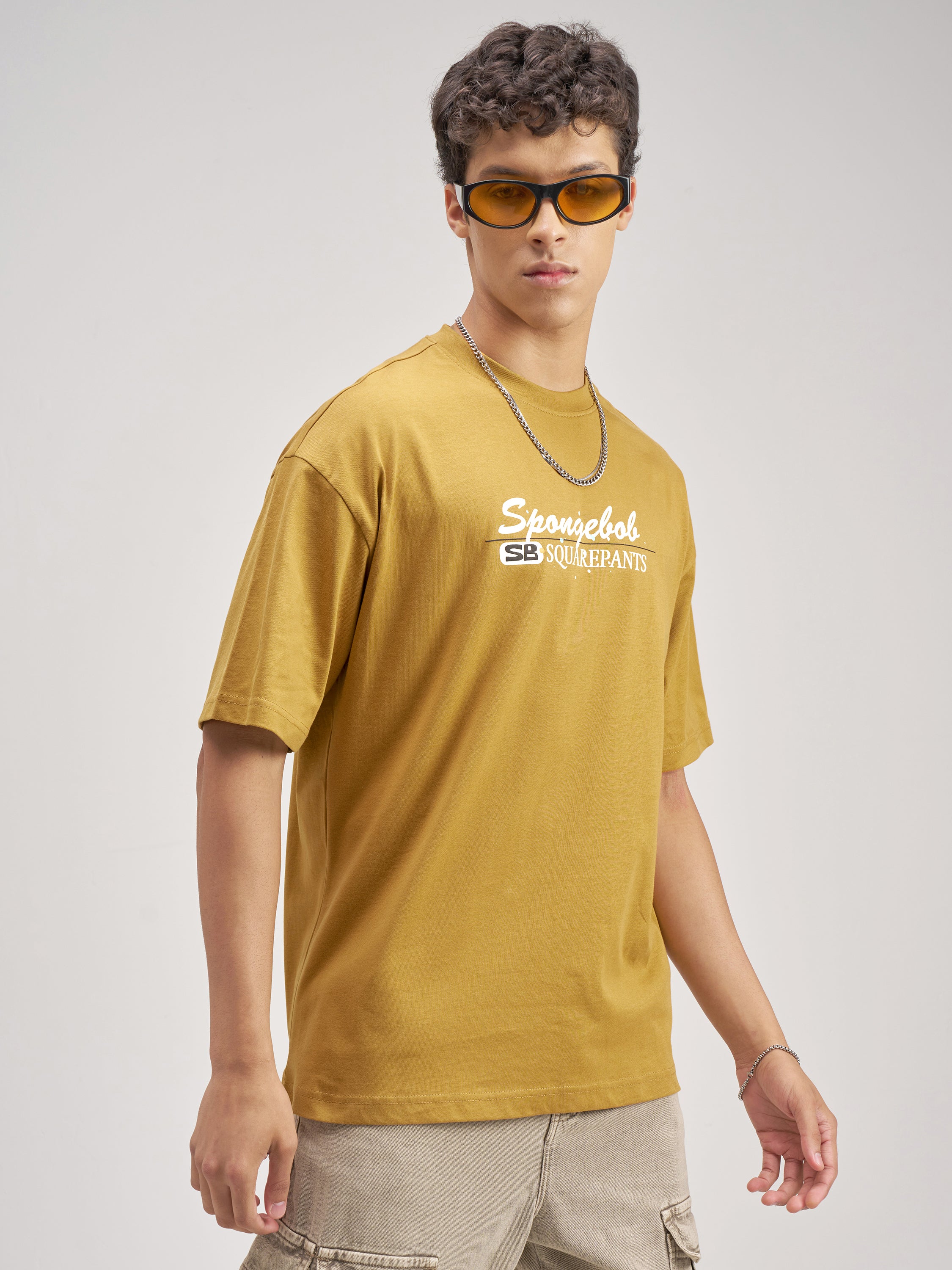 Highlander Men Mustard Spongebob Squarepants Printed Round Neck Oversized Fit T-Shirt - Mustard - Image 6