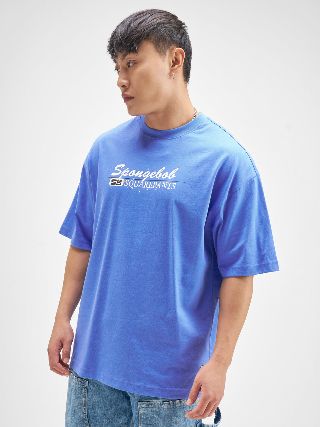 Highlander Men Blue Spongebob Squarepants Printed Round Neck Oversized Fit T-Shirt - Blue - Image 5