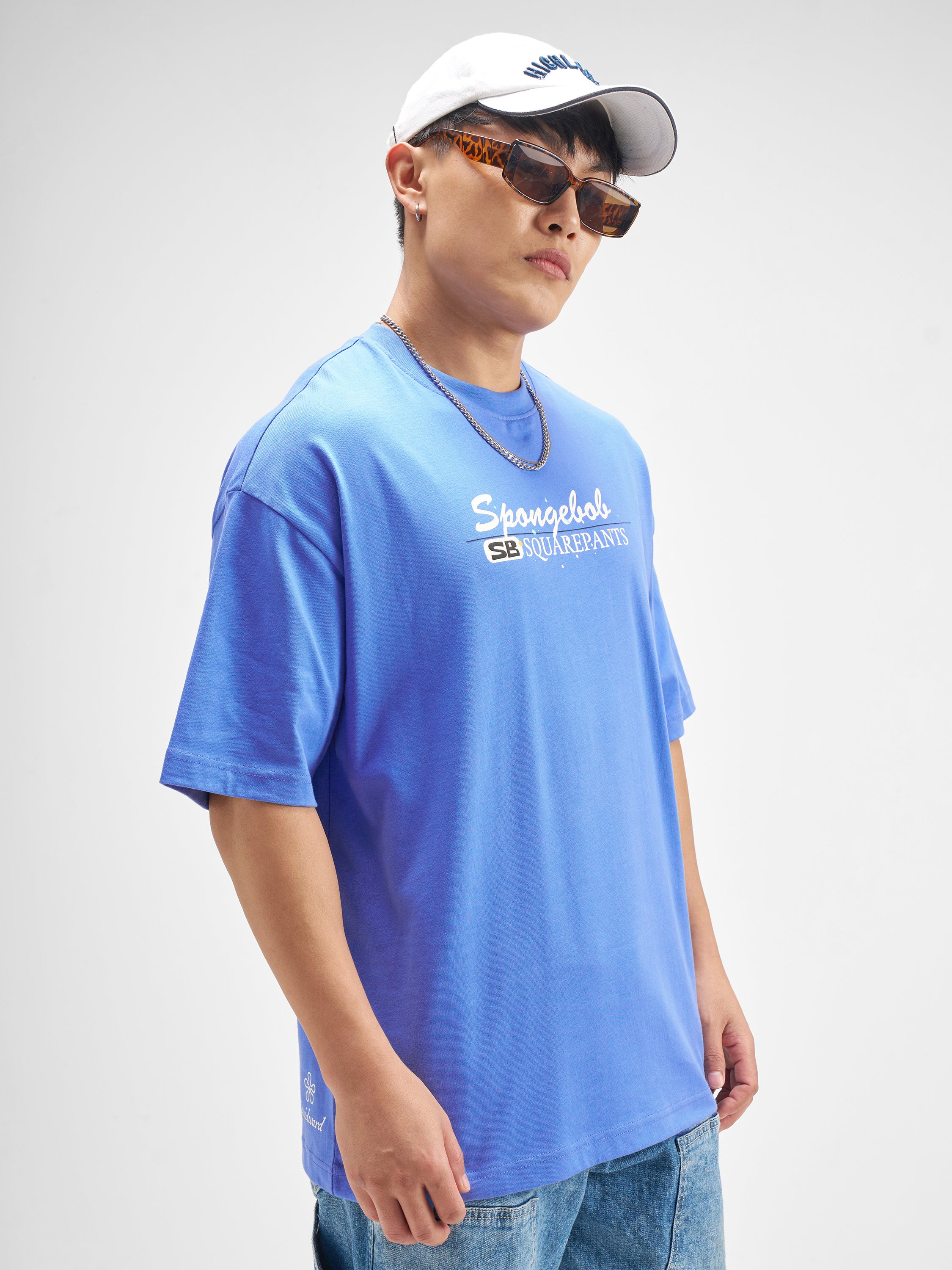 Highlander Men Blue Spongebob Squarepants Printed Round Neck Oversized Fit T-Shirt - Blue - Image 7
