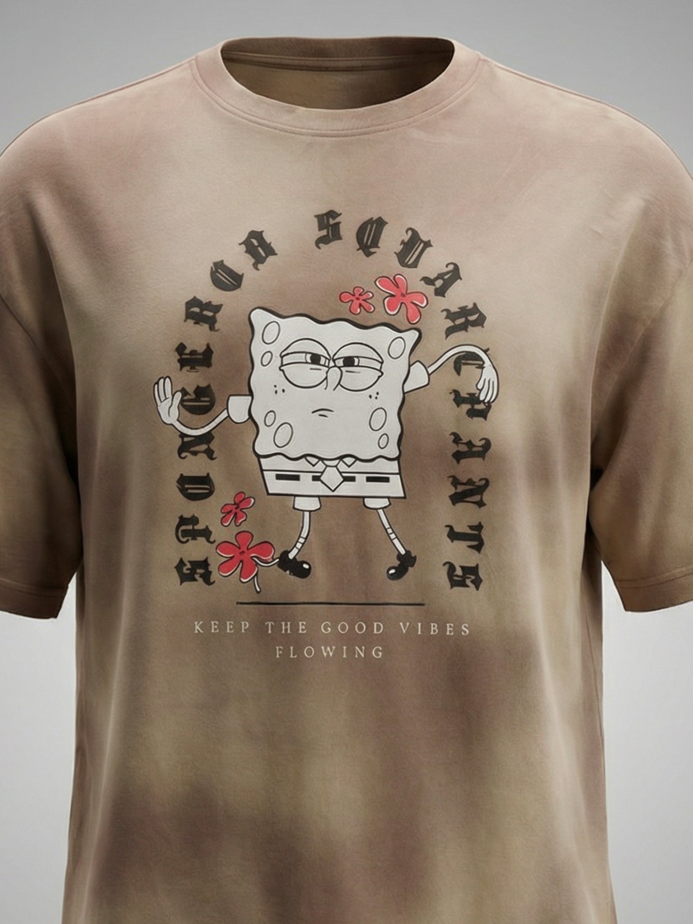 Highlander Men Tan Spongebob Squarepants Printed Round Neck Oversized Fit T-Shirt - Tan - Image 1