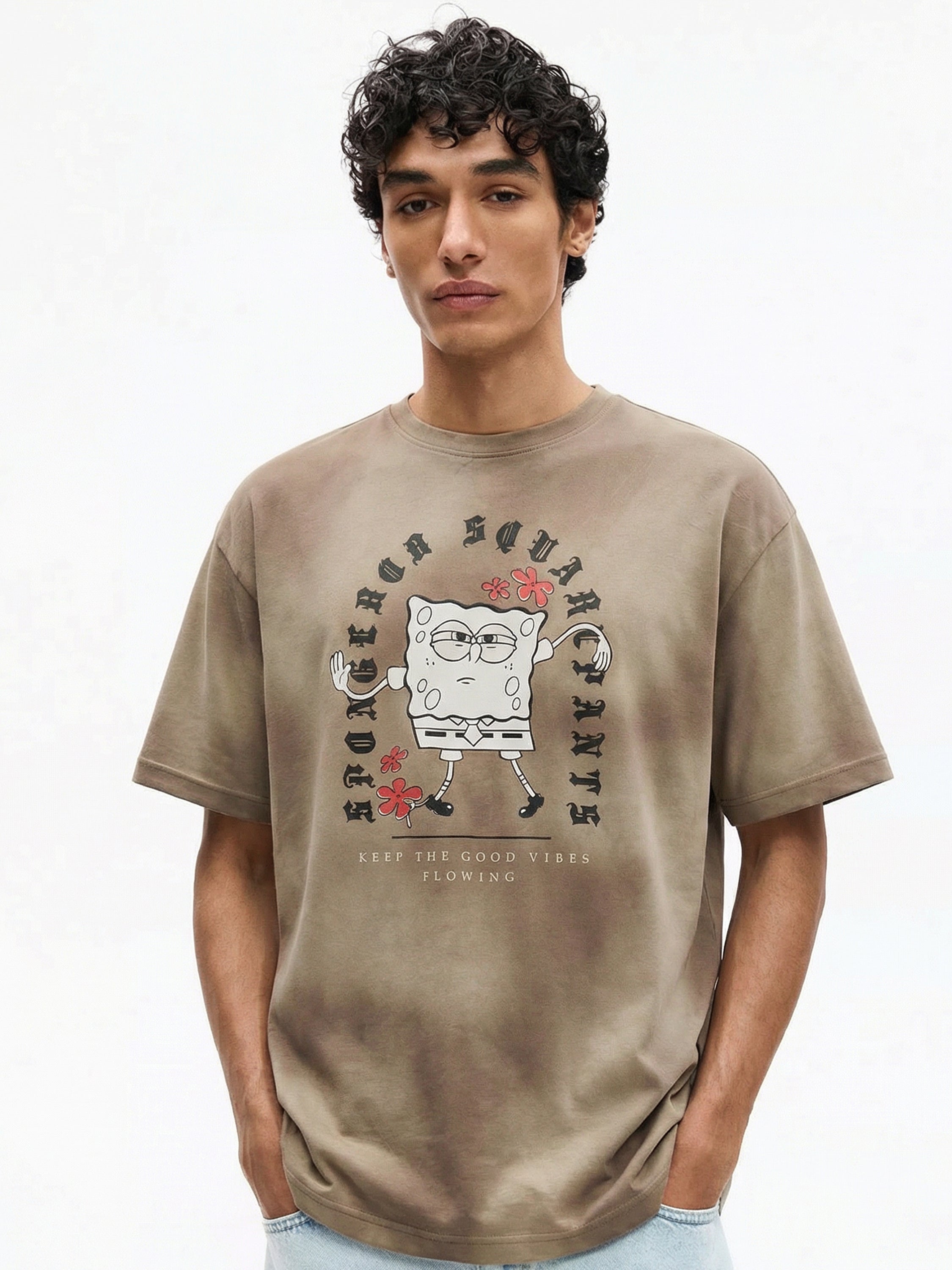 Highlander Men Tan Spongebob Squarepants Printed Round Neck Oversized Fit T-Shirt - Tan - Image 3