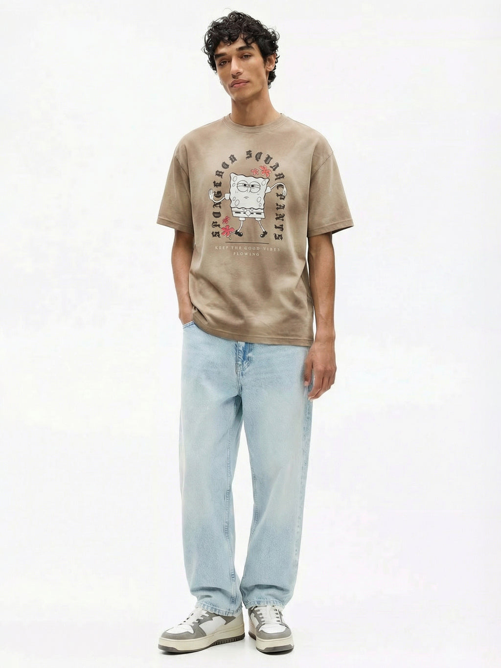 Highlander Men Tan Spongebob Squarepants Printed Round Neck Oversized Fit T-Shirt - Tan - Image 5