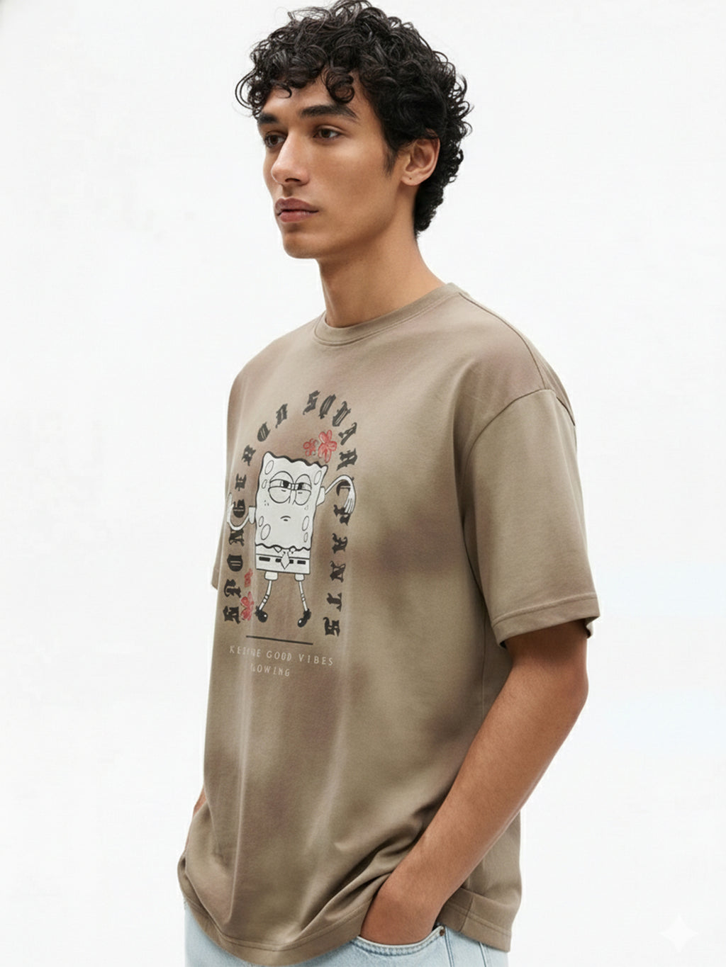Highlander Men Tan Spongebob Squarepants Printed Round Neck Oversized Fit T-Shirt - Tan - Image 6