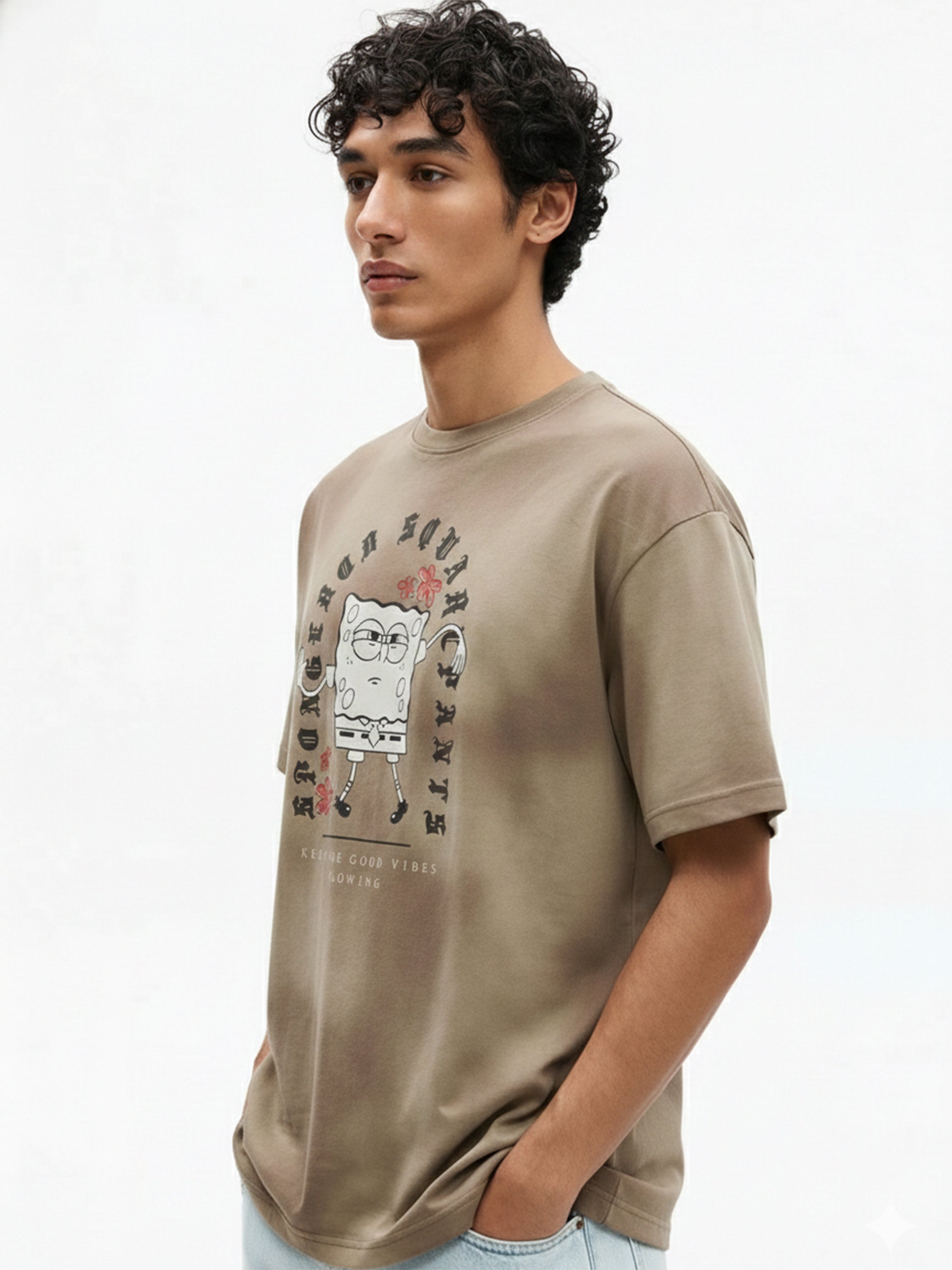 Highlander Men Tan Spongebob Squarepants Printed Round Neck Oversized Fit T-Shirt - Tan - Image 6