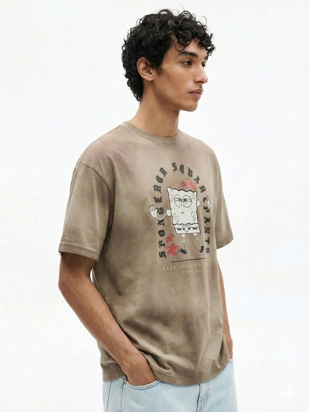 Highlander Men Tan Spongebob Squarepants Printed Round Neck Oversized Fit T-Shirt - Tan - Image 7