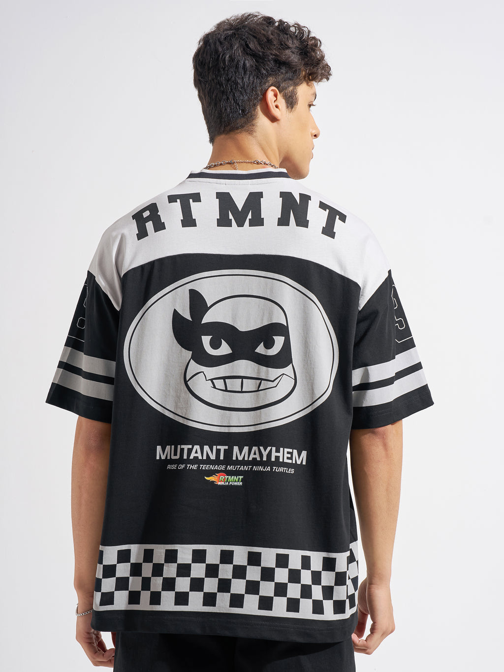 Highlander Men Black Ninja Turtles Printed V-Neck Oversized Fit T-Shirt