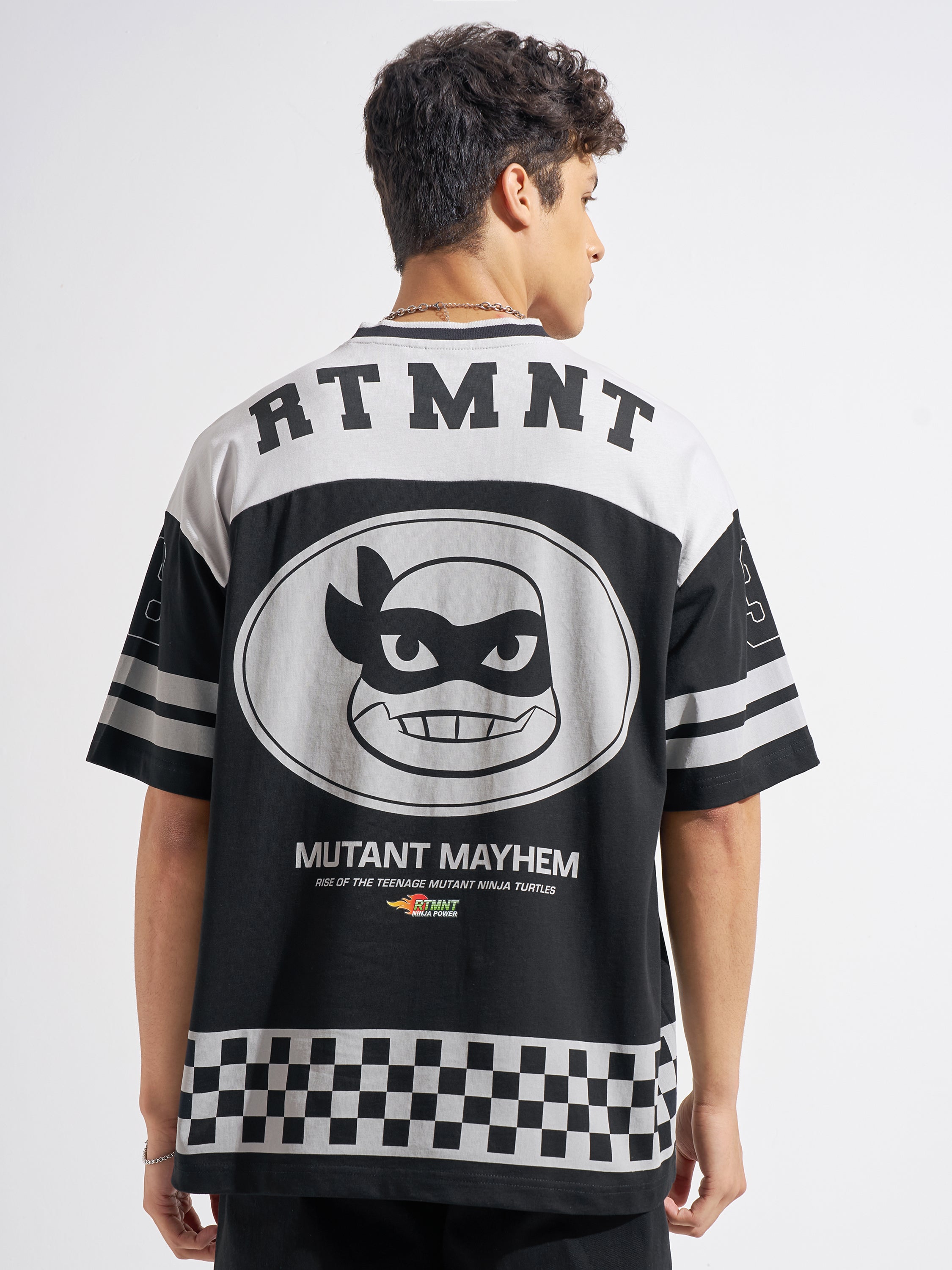 Highlander Men Black Ninja Turtles Printed V-Neck Oversized Fit T-Shirt