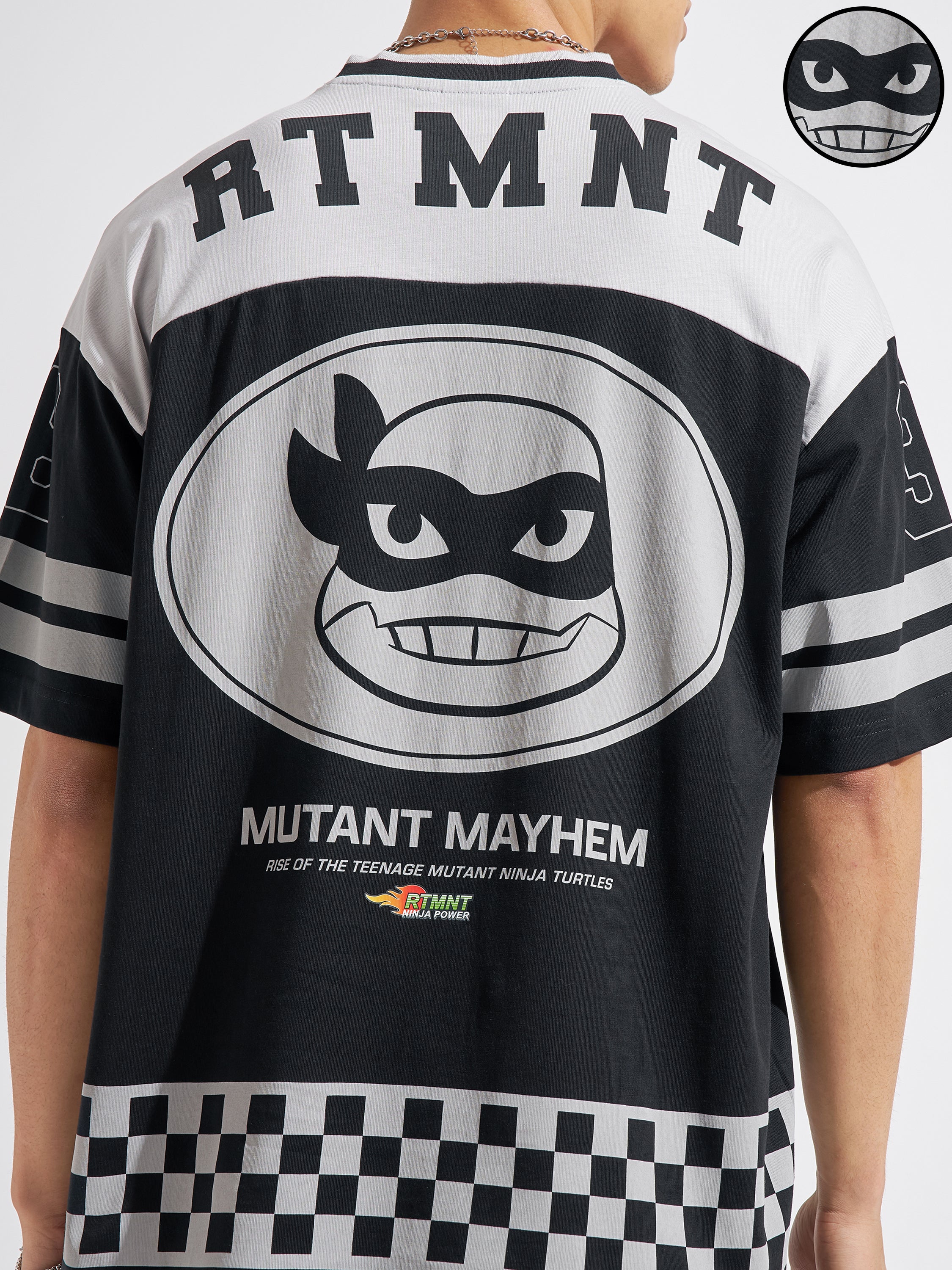 Highlander Men Black Ninja Turtles Printed V-Neck Oversized Fit T-Shirt