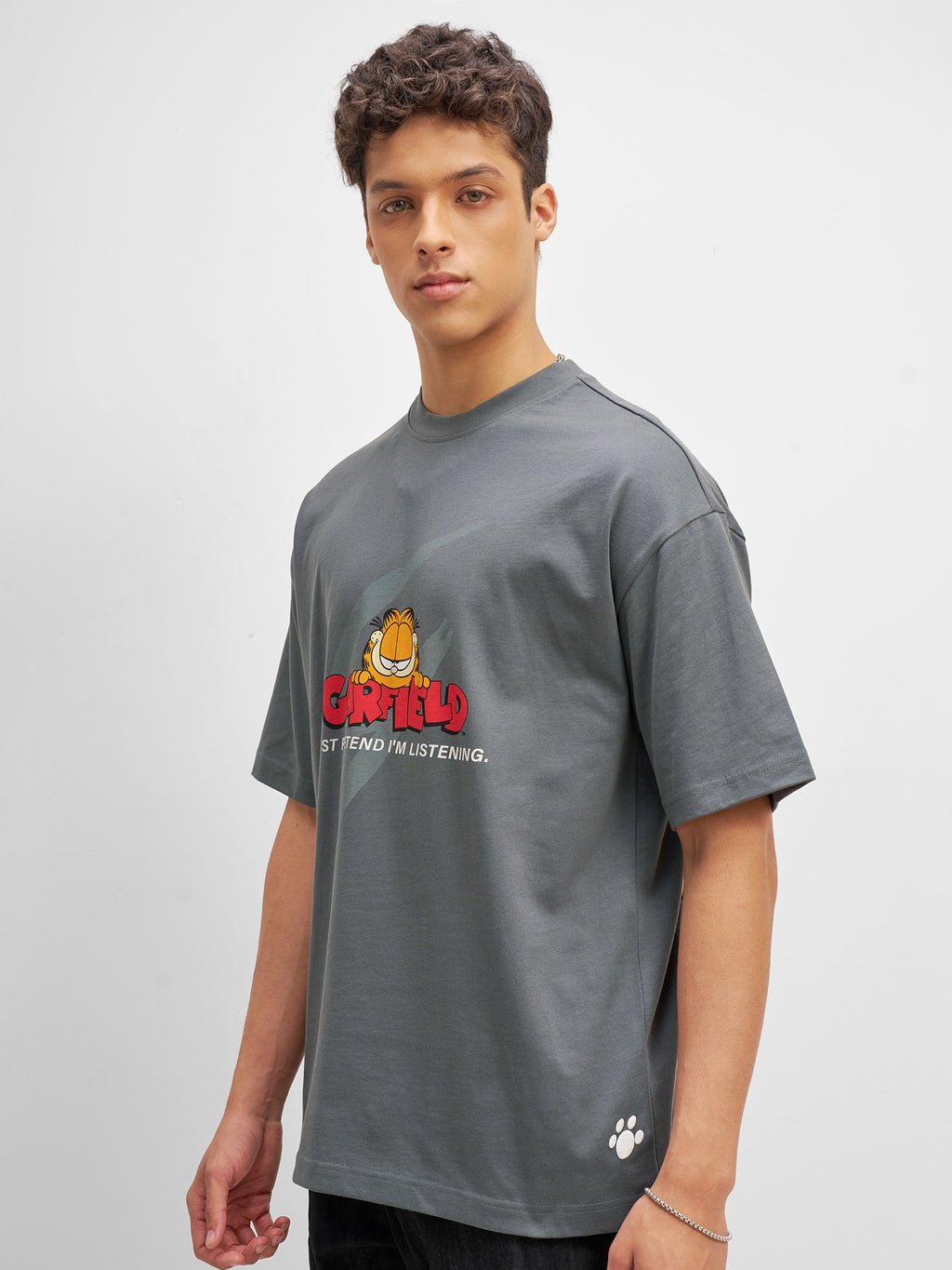 Highlander Men Grey Garfield Printed Round Neck Oversized Fit T-Shirt