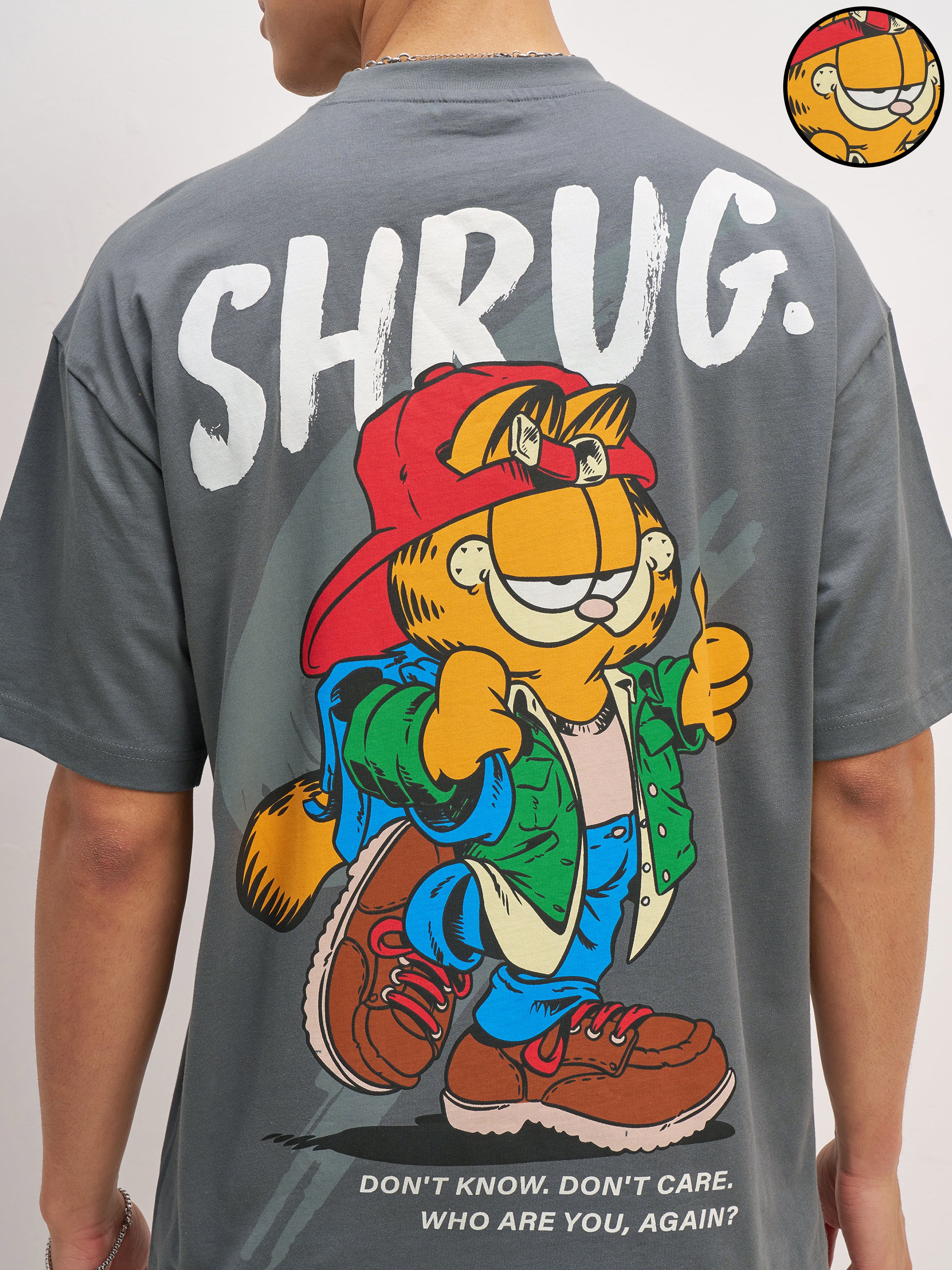 Highlander Men Grey Garfield Printed Round Neck Oversized Fit T-Shirt