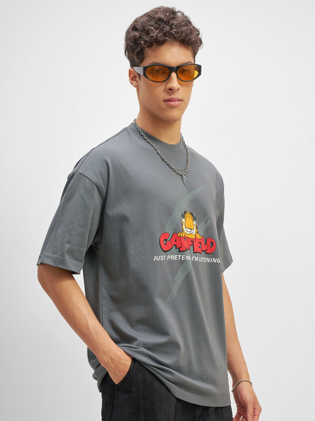Highlander Men Grey Garfield Printed Round Neck Oversized Fit T-Shirt