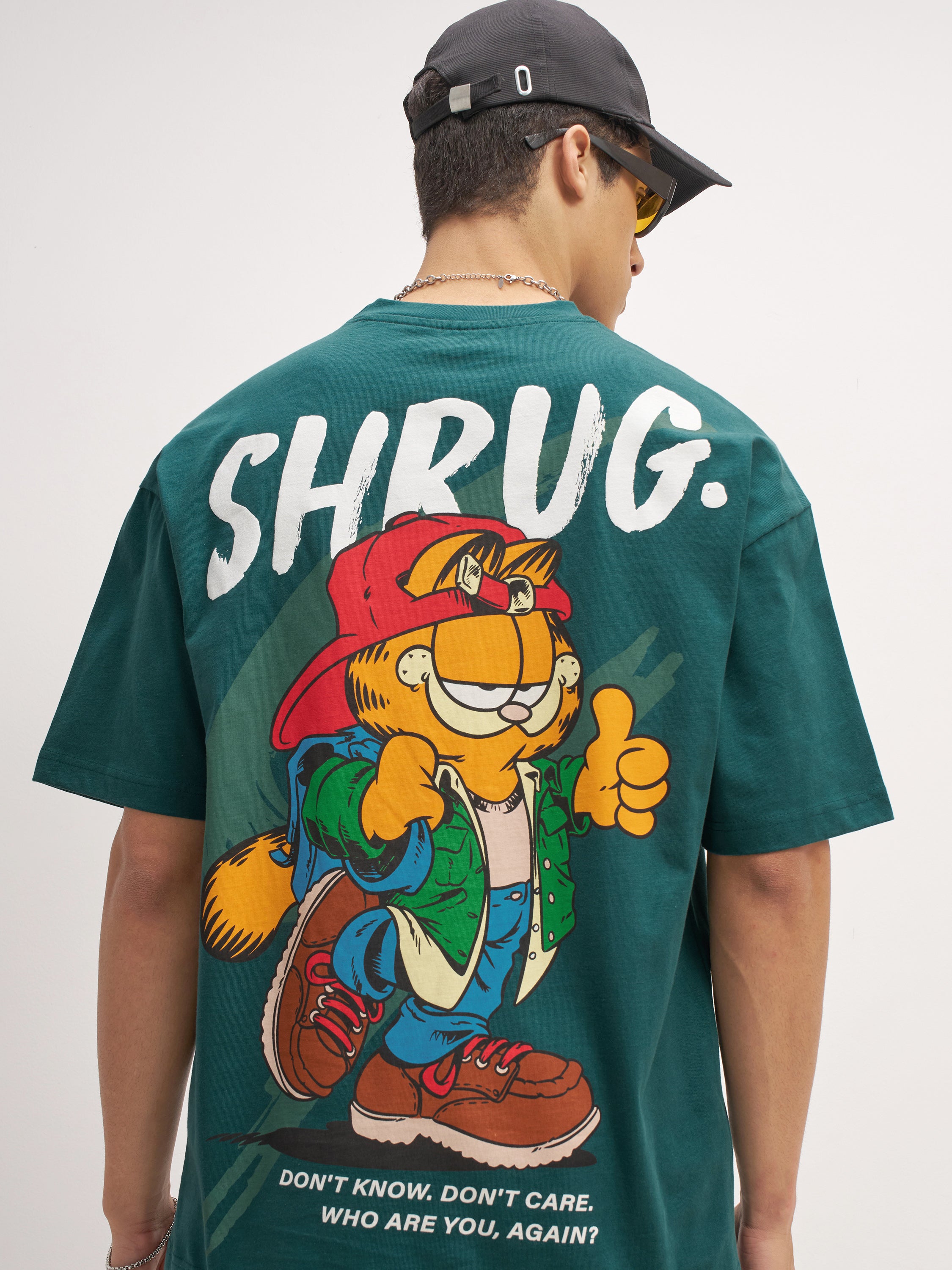 Highlander Men Teal Garfield Printed Round Neck Oversized Fit T-Shirt