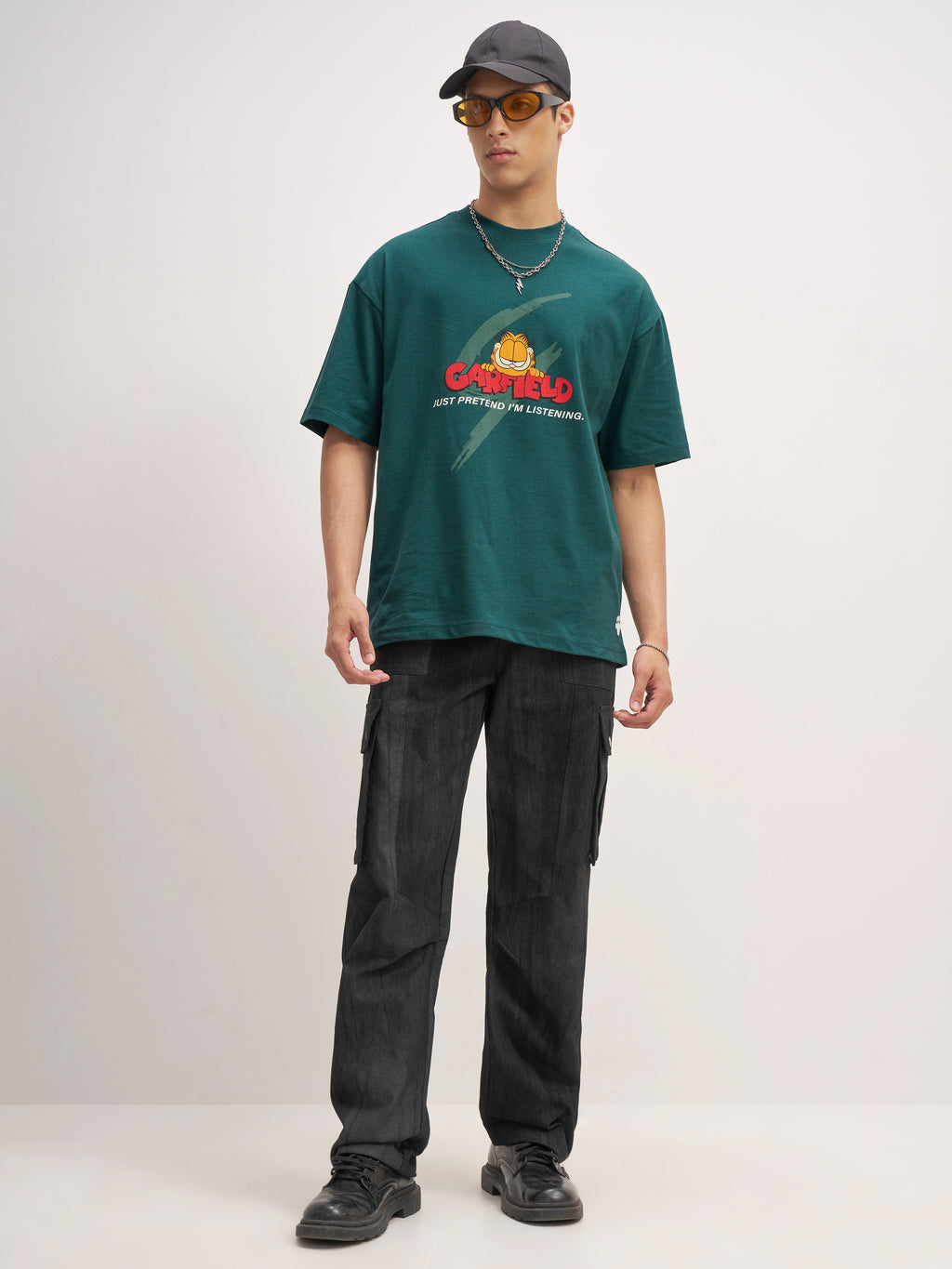 Highlander Men Teal Garfield Printed Round Neck Oversized Fit T-Shirt