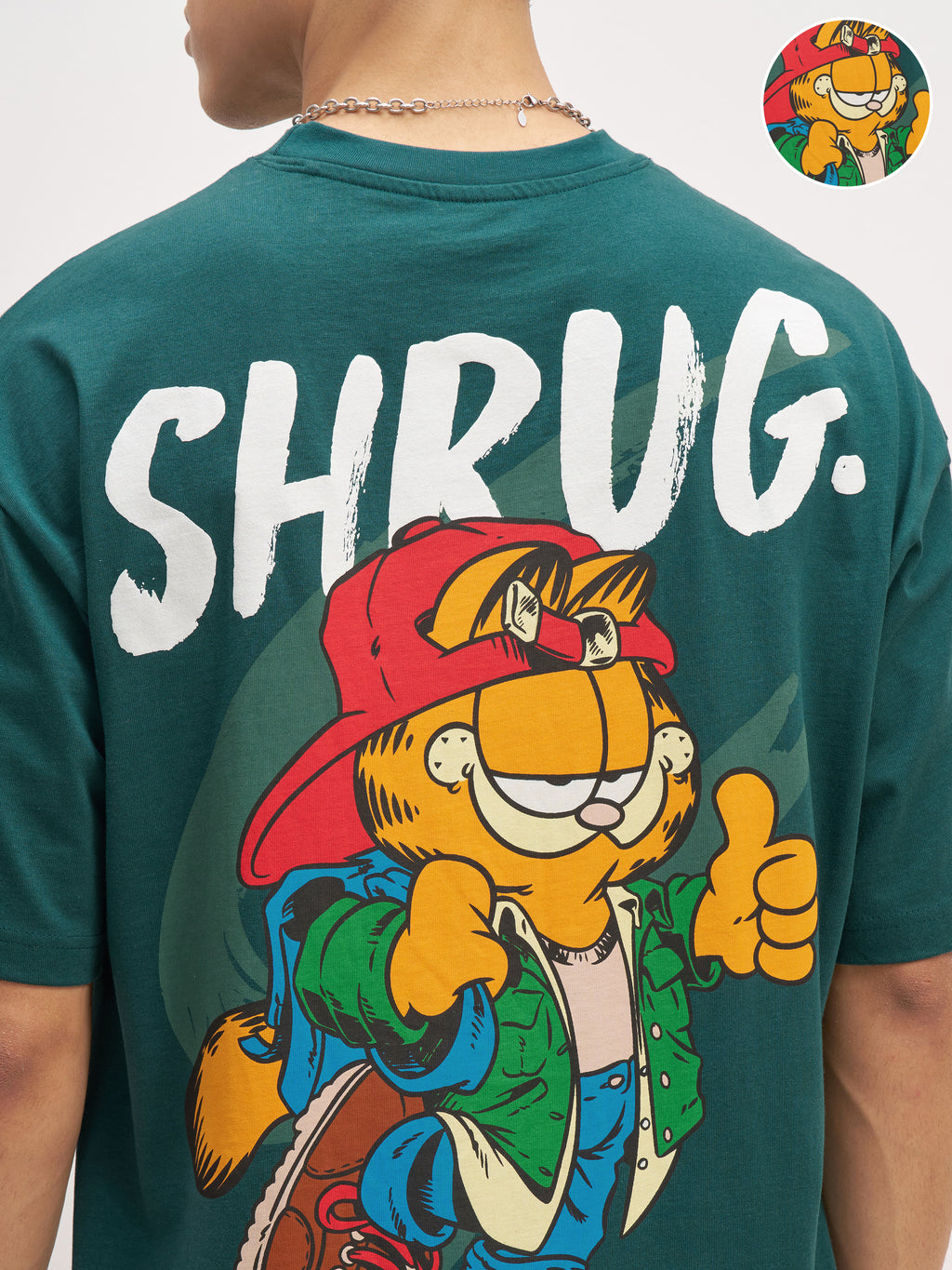 Highlander Men Teal Garfield Printed Round Neck Oversized Fit T-Shirt