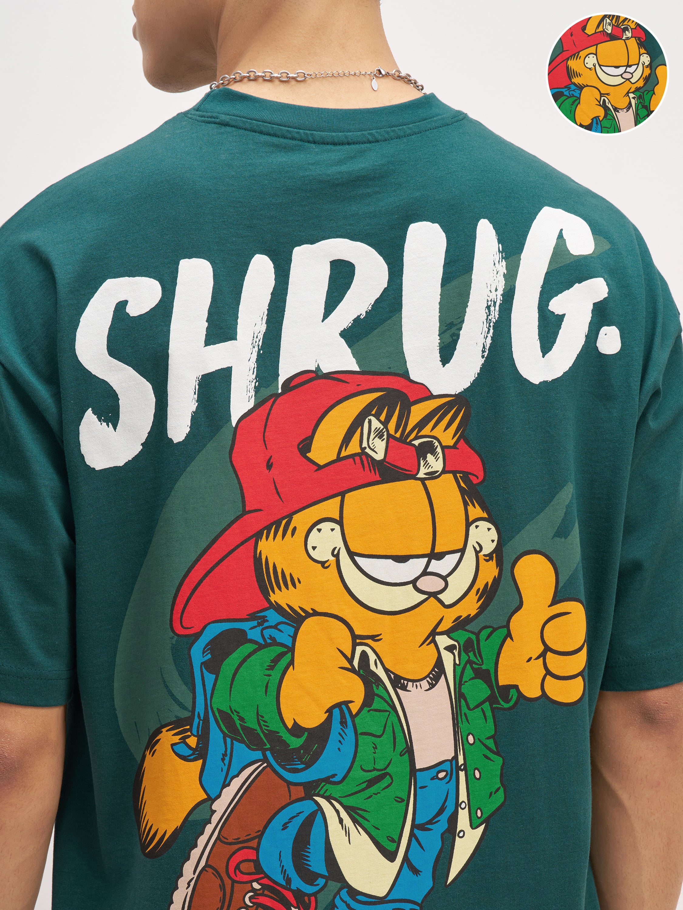 Highlander Men Teal Garfield Printed Round Neck Oversized Fit T-Shirt