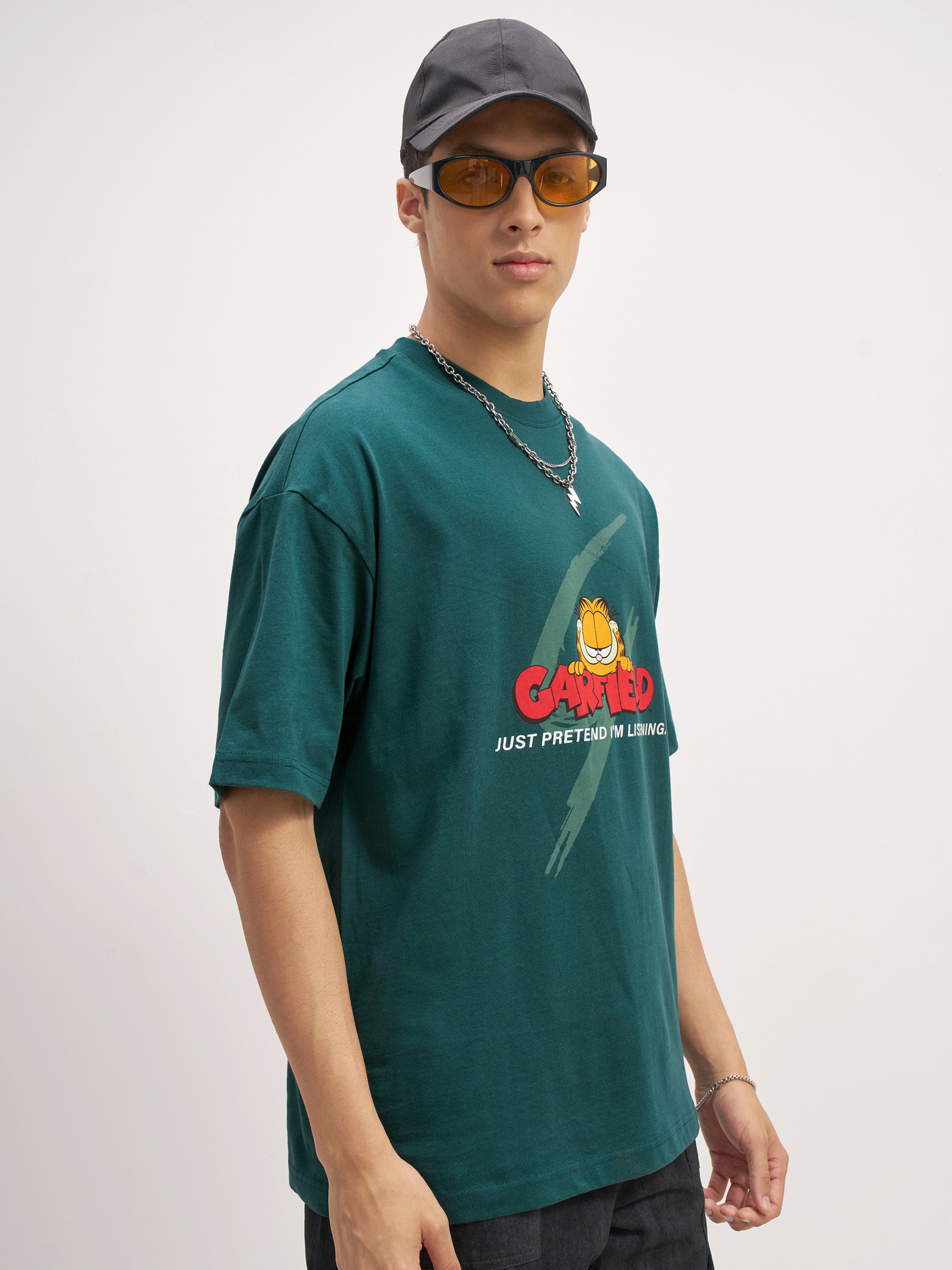 Highlander Men Teal Garfield Printed Round Neck Oversized Fit T-Shirt