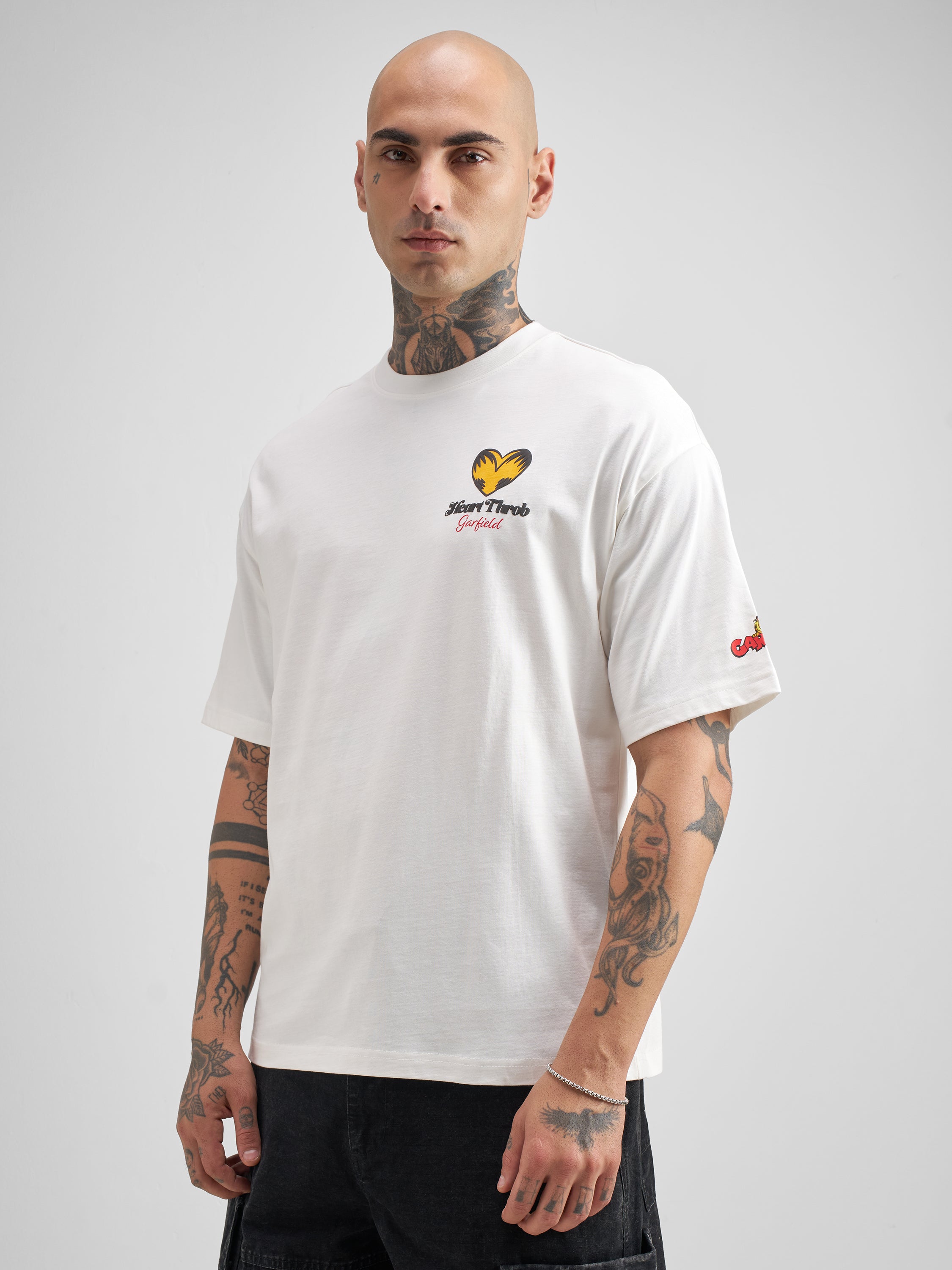 Highlander Men White Garfield Printed Round Neck Oversized Fit T-Shirt - White - Image 4