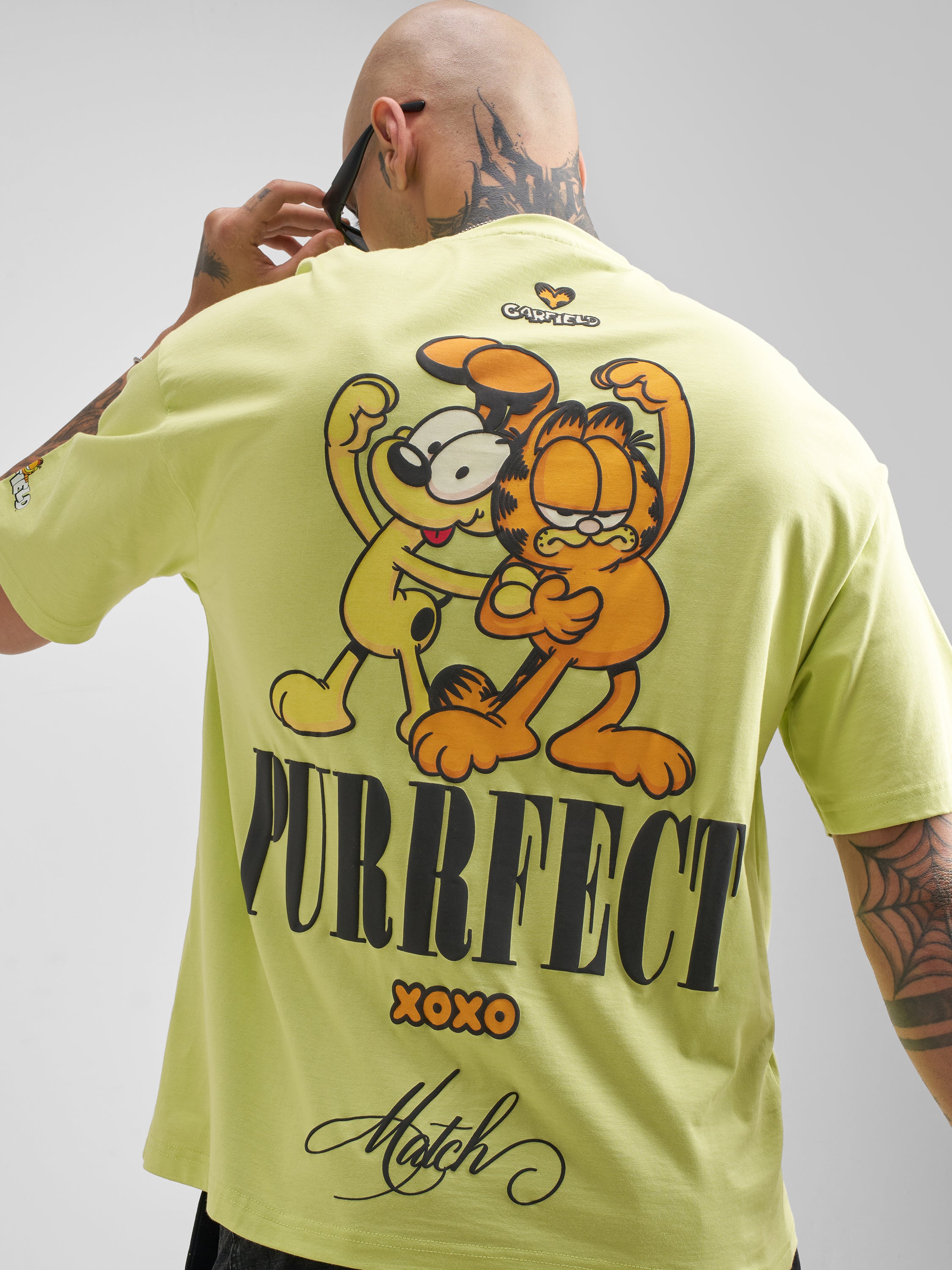 Highlander Men Green Garfield Printed Round Neck Oversized Fit T-Shirt - Green - Image 1