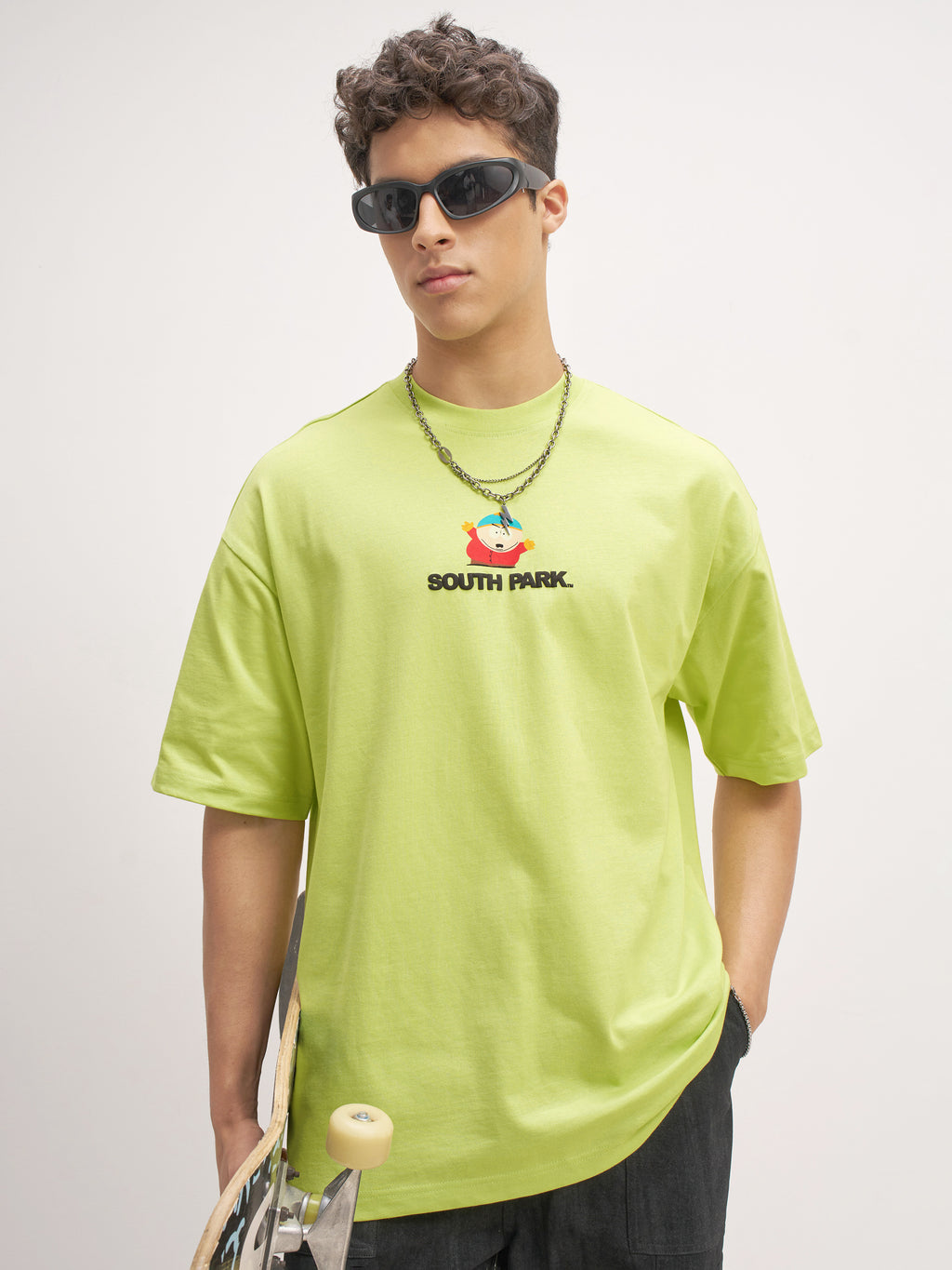 Highlander Men Green South Park Printed Round Neck Oversized Fit T-Shirt