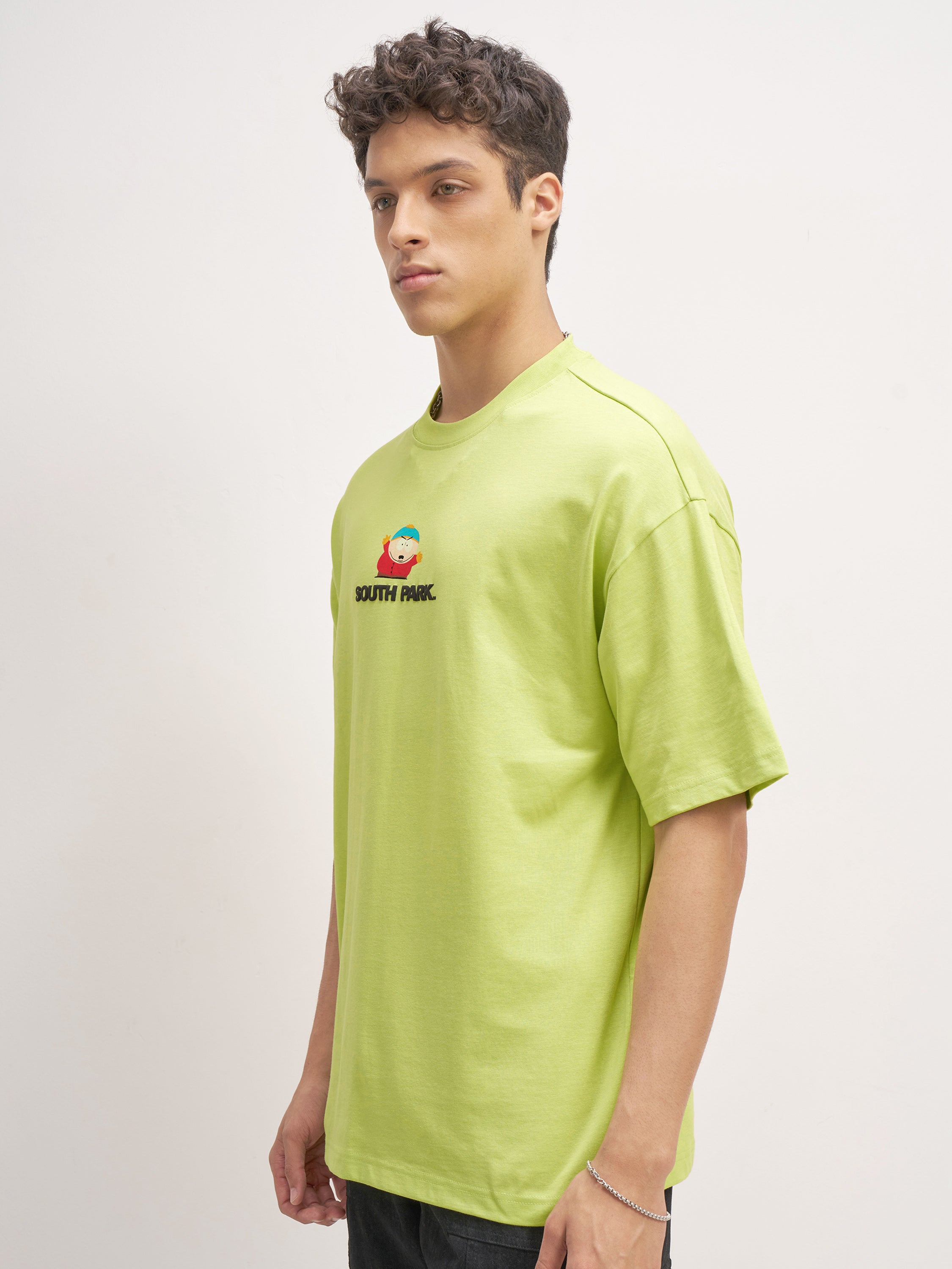 Highlander Men Green South Park Printed Round Neck Oversized Fit T-Shirt