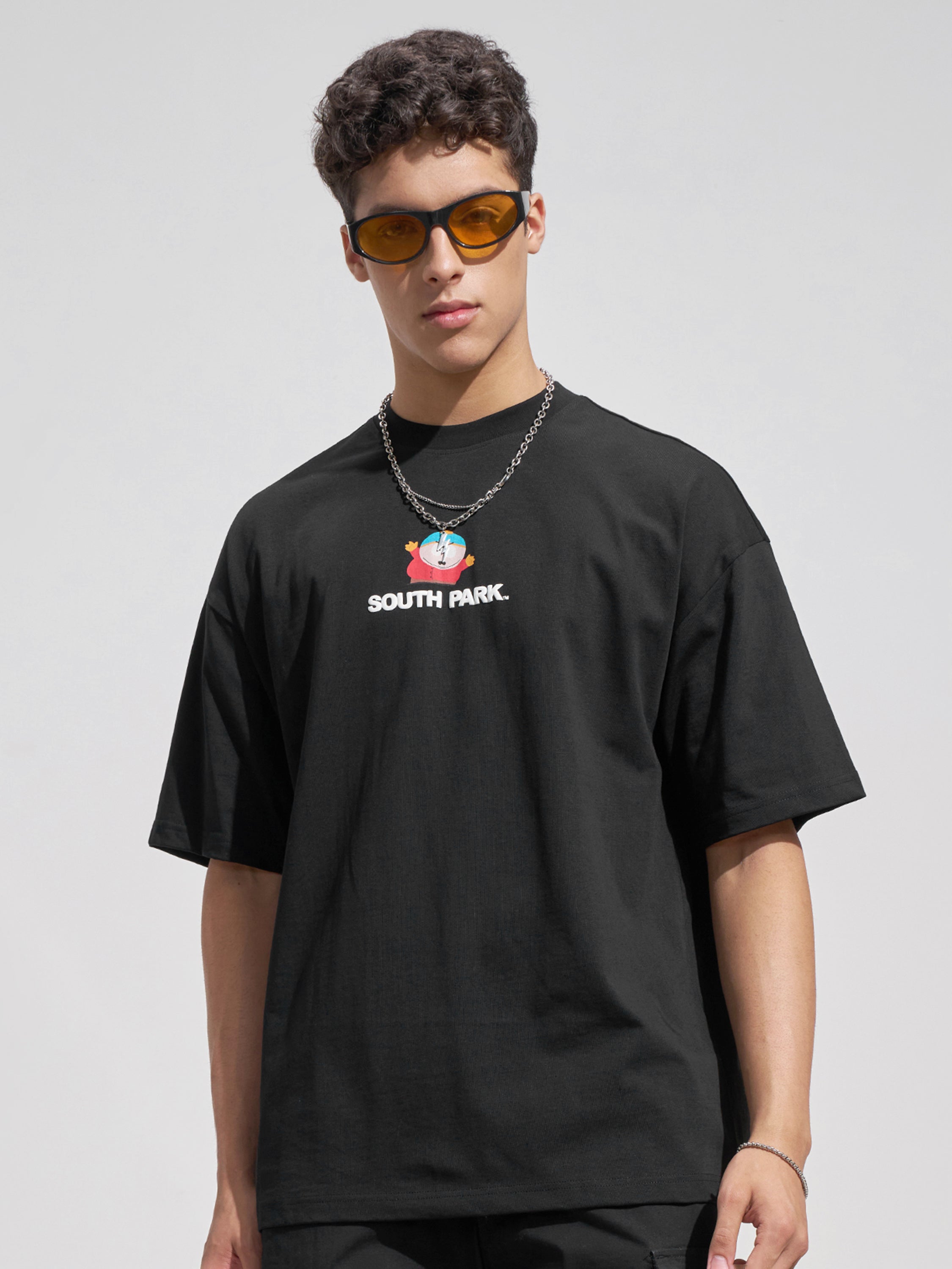 Highlander Men Black Printed South Park Round Neck Oversized Fit T-Shirt