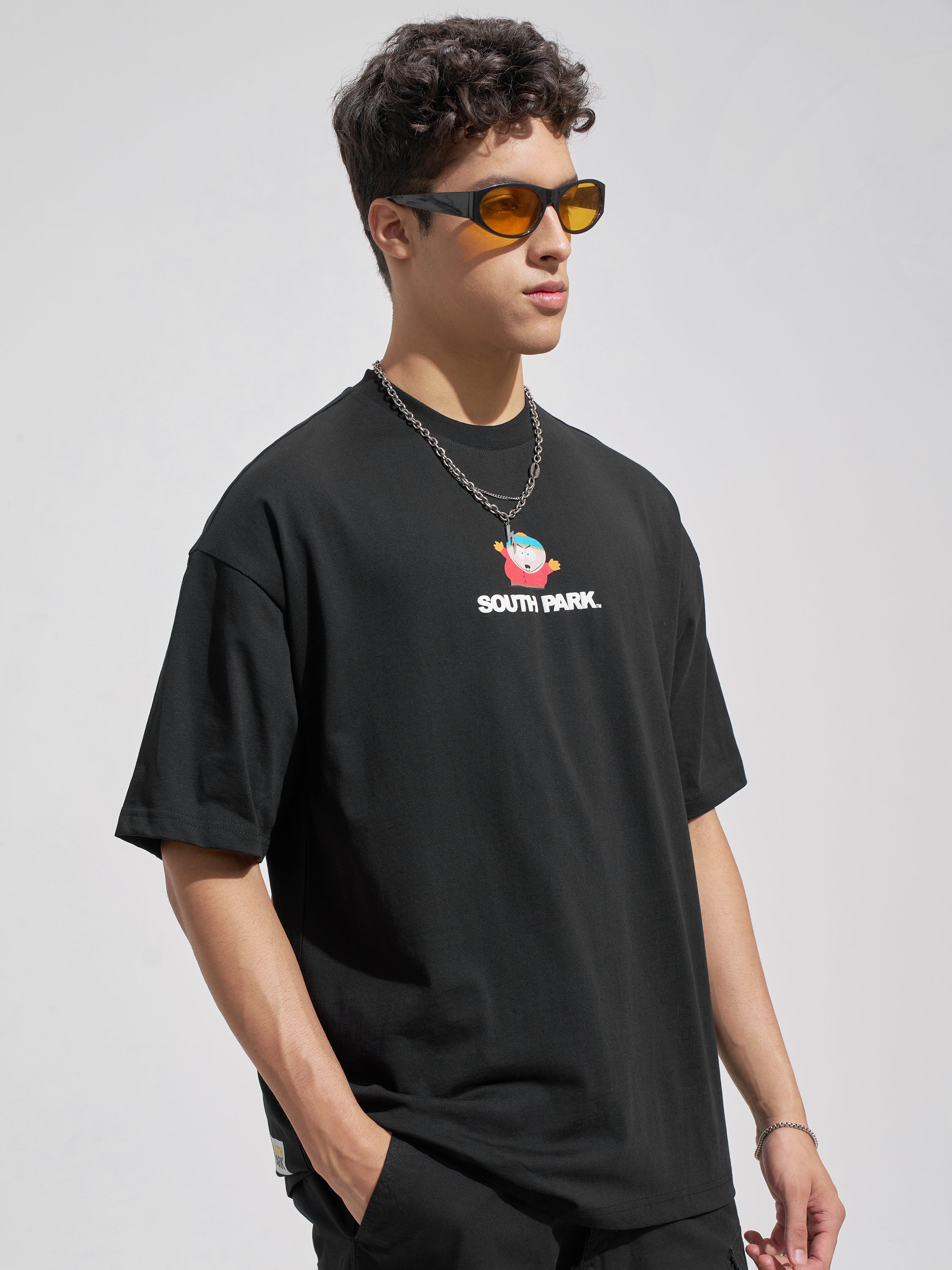 Highlander Men Black Printed South Park Round Neck Oversized Fit T-Shirt