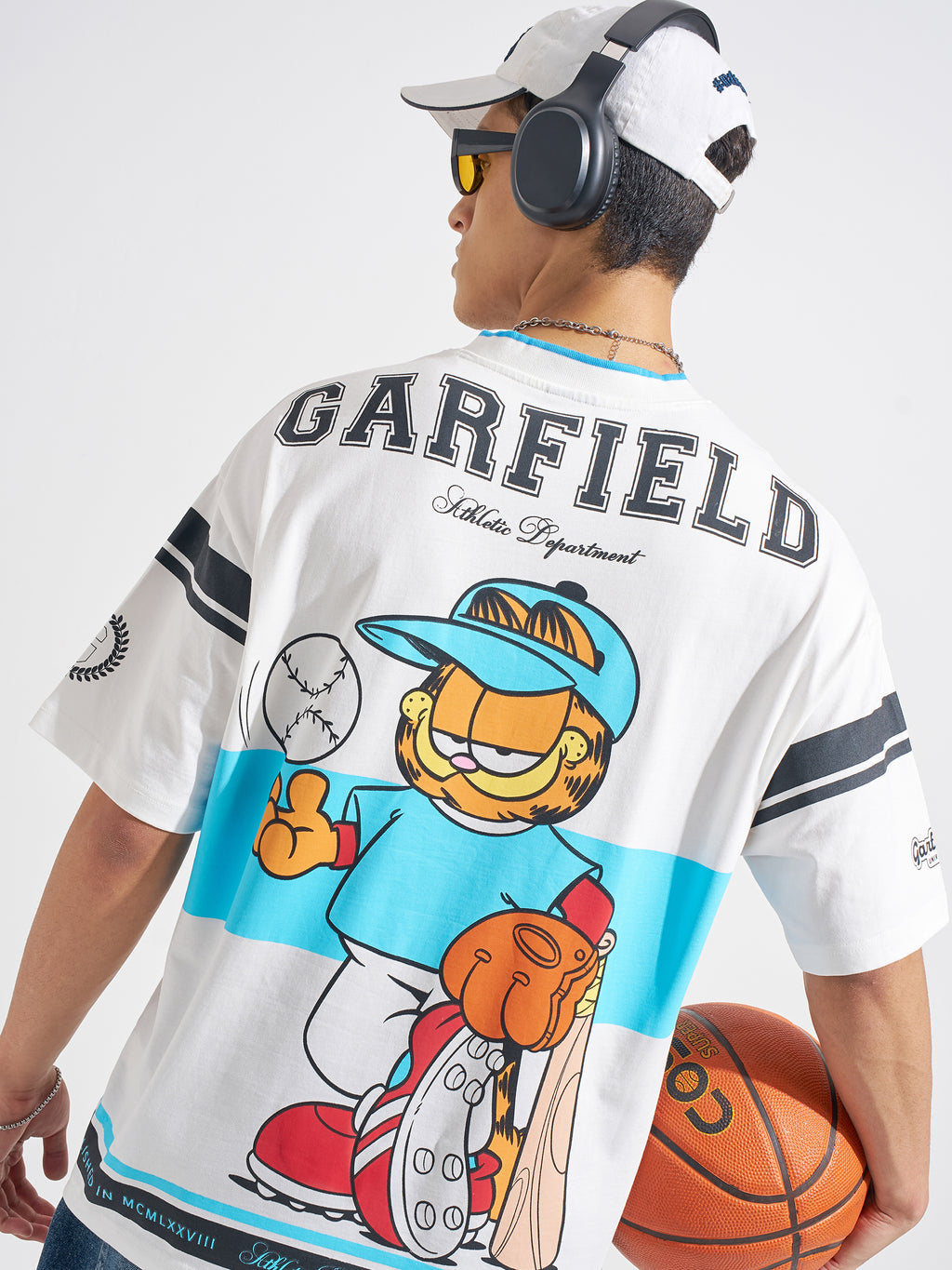 Highlander Men White Garfield Printed V-Neck Oversized Fit T-Shirt