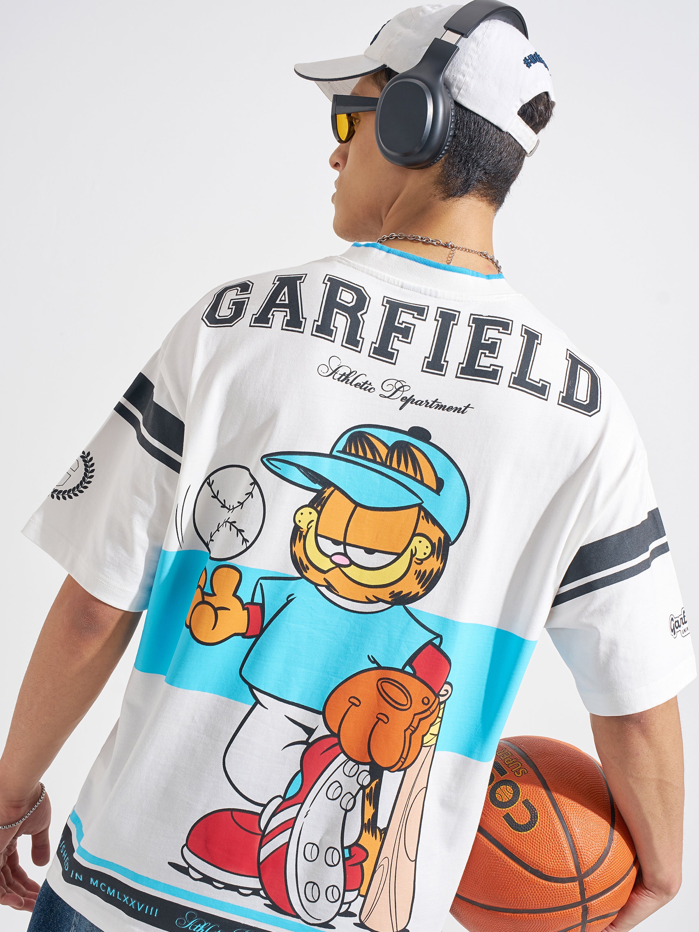 Highlander Men White Garfield Printed V-Neck Oversized Fit T-Shirt