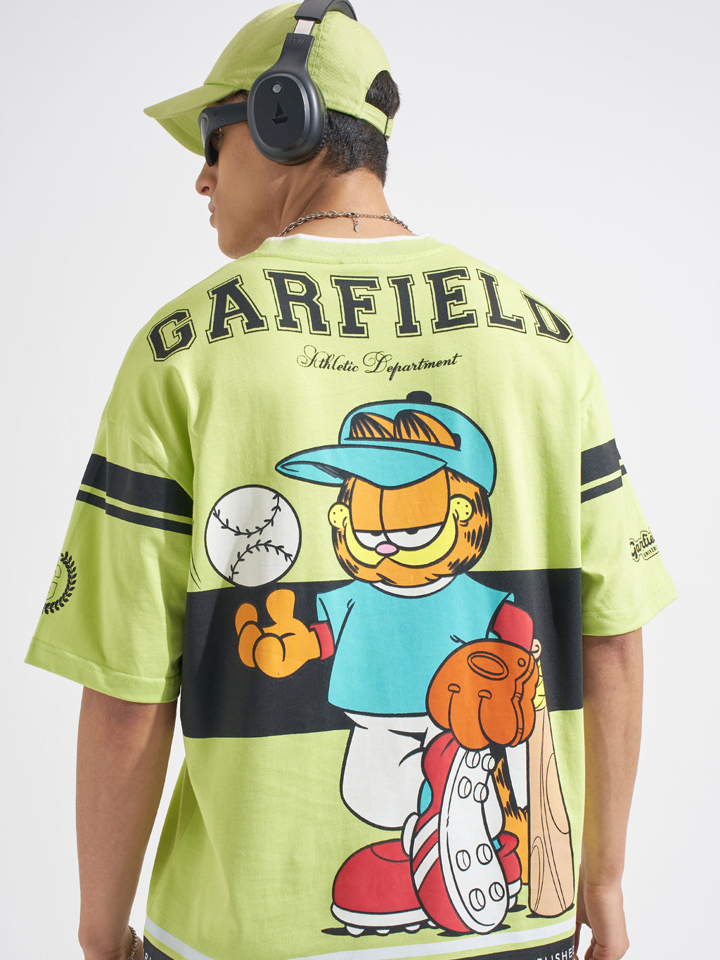 Highlander Men Green Garfield Printed V-Neck Oversized Fit T-Shirt
