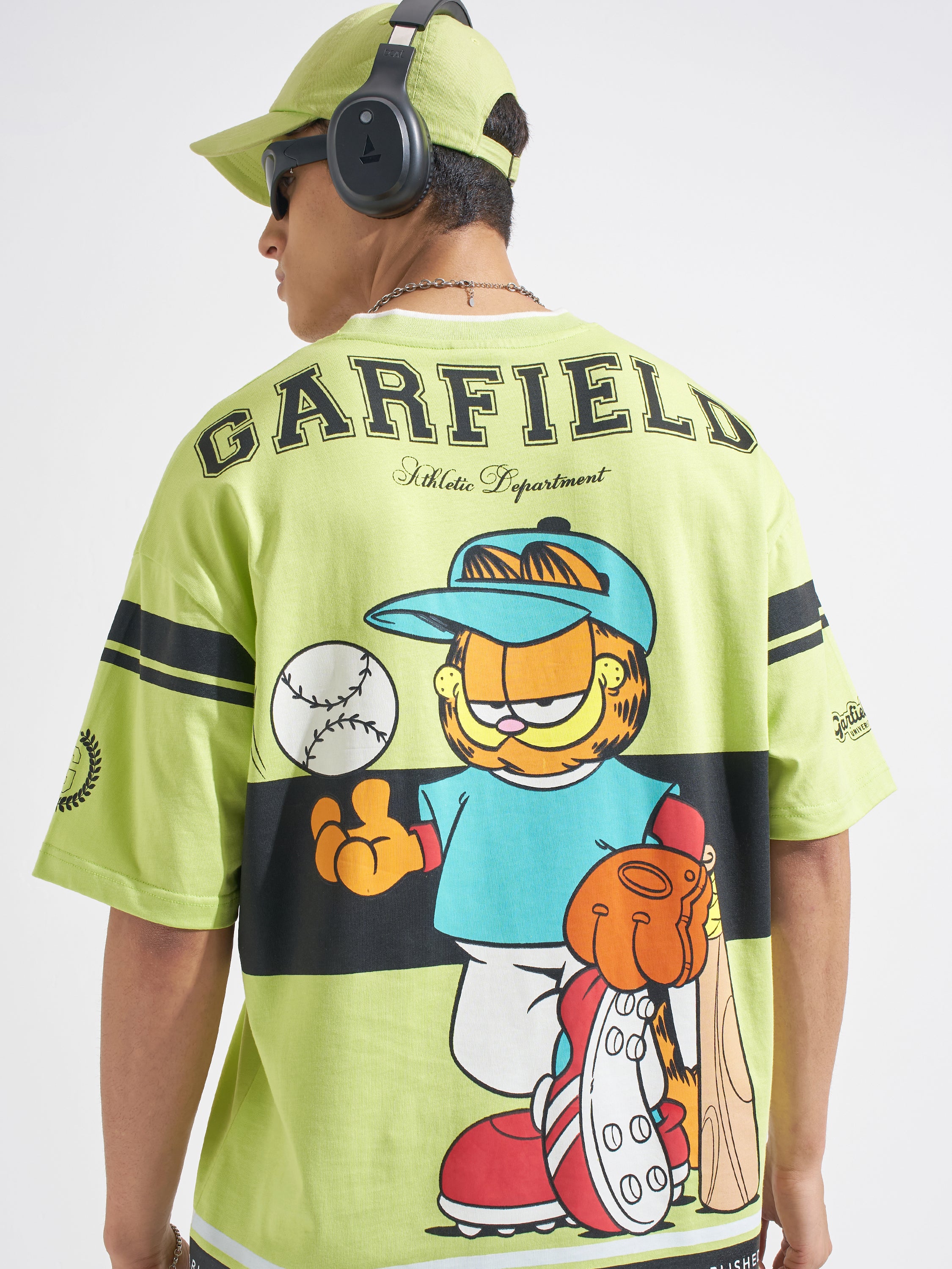Highlander Men Green Garfield Printed V-Neck Oversized Fit T-Shirt