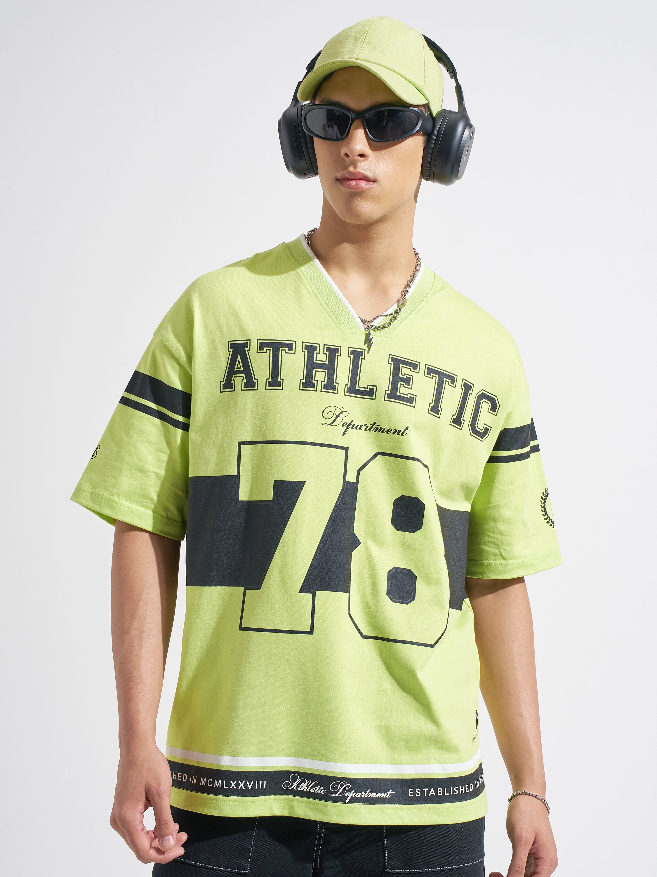 Highlander Men Green Garfield Printed V-Neck Oversized Fit T-Shirt