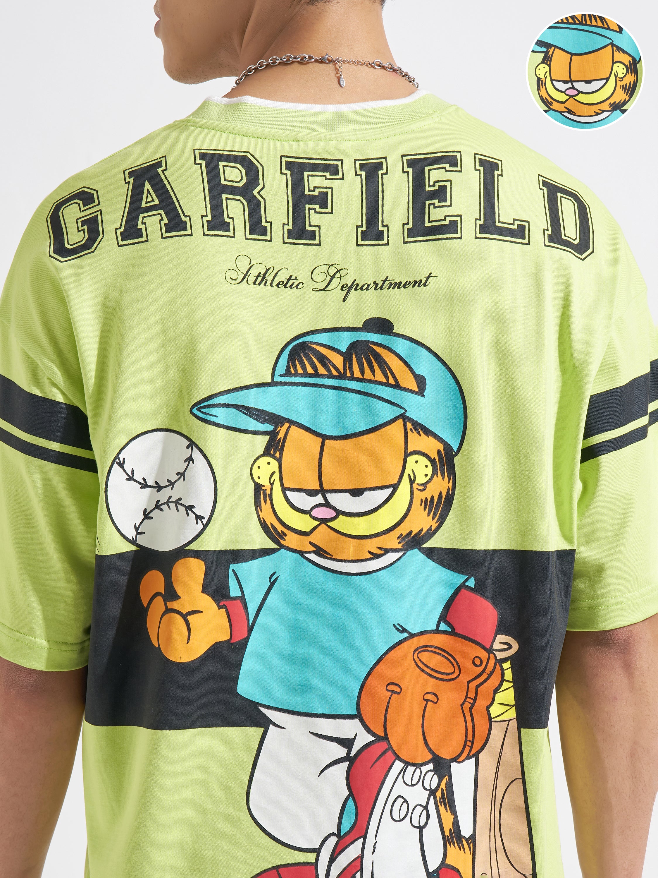 Highlander Men Green Garfield Printed V-Neck Oversized Fit T-Shirt