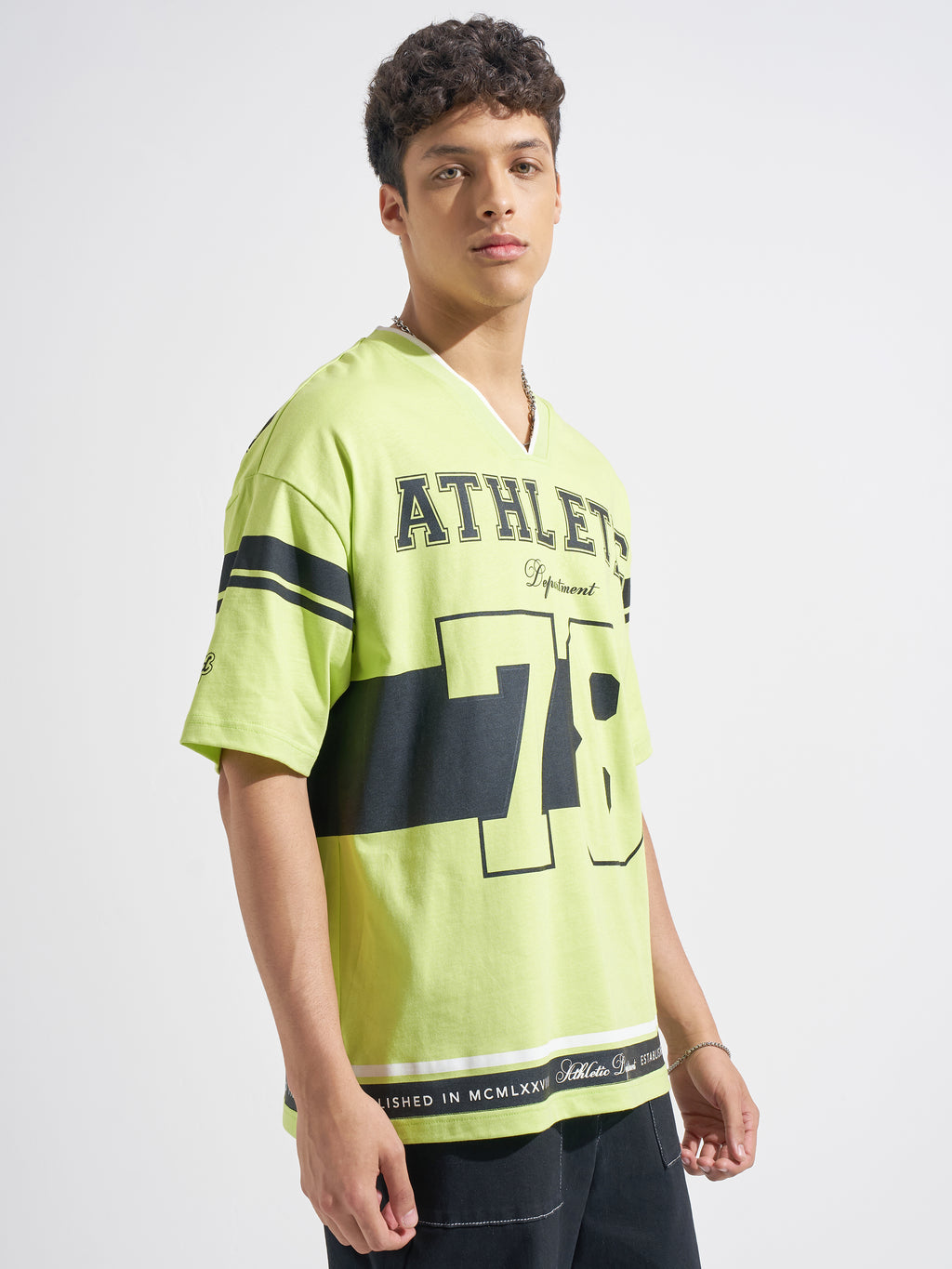 Highlander Men Green Garfield Printed V-Neck Oversized Fit T-Shirt