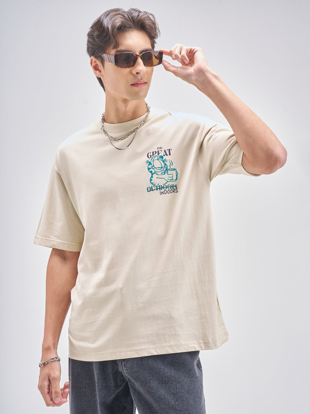 Highlander Men Beige Garfield Embroidered Round Neck T-Shirt - Beige - Image 3