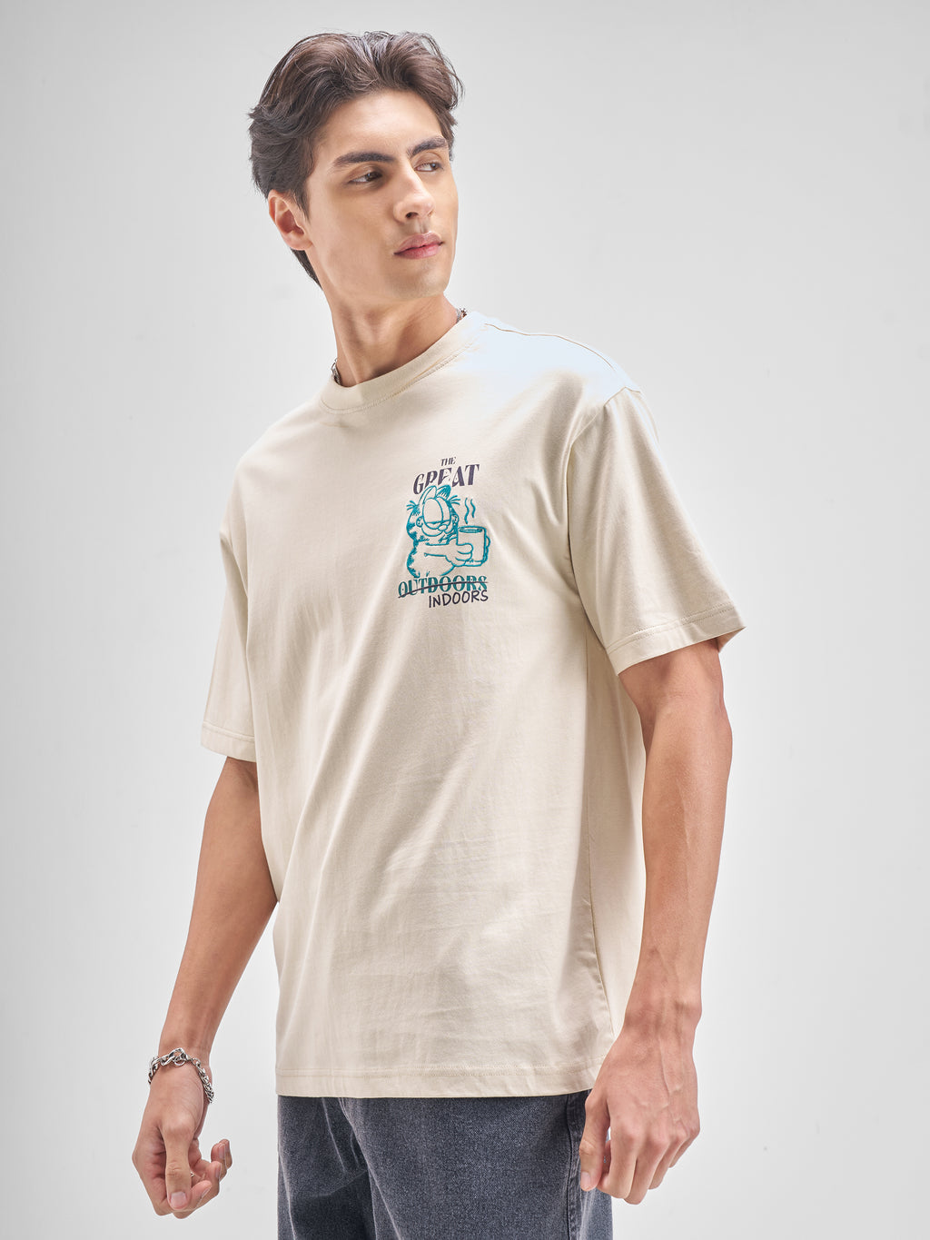 Highlander Men Beige Garfield Embroidered Round Neck T-Shirt - Beige - Image 4