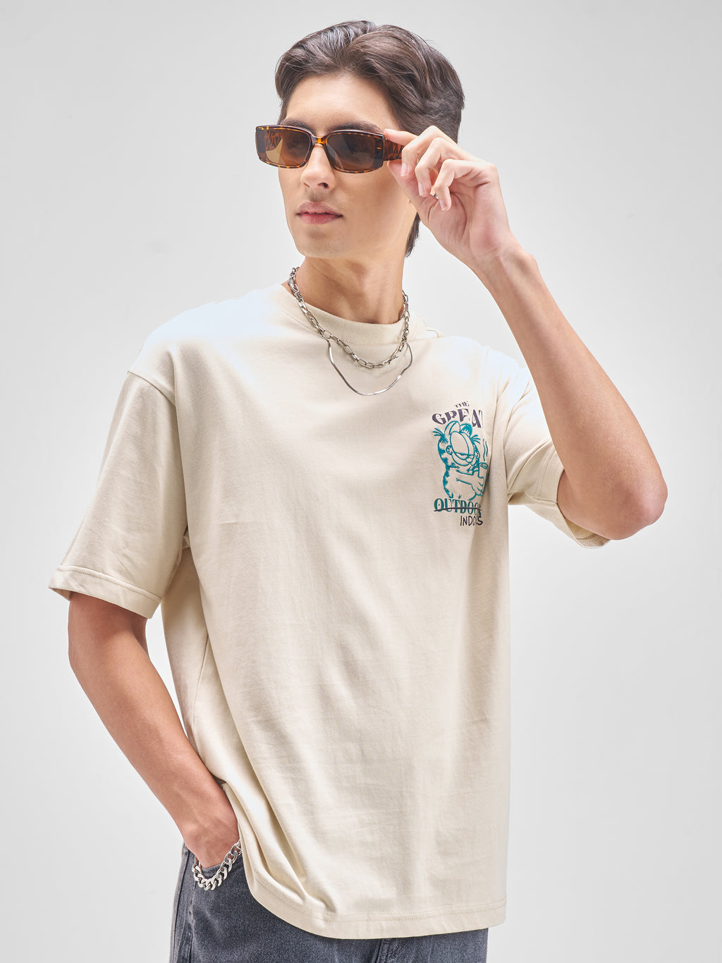Highlander Men Beige Garfield Embroidered Round Neck T-Shirt - Beige - Image 6