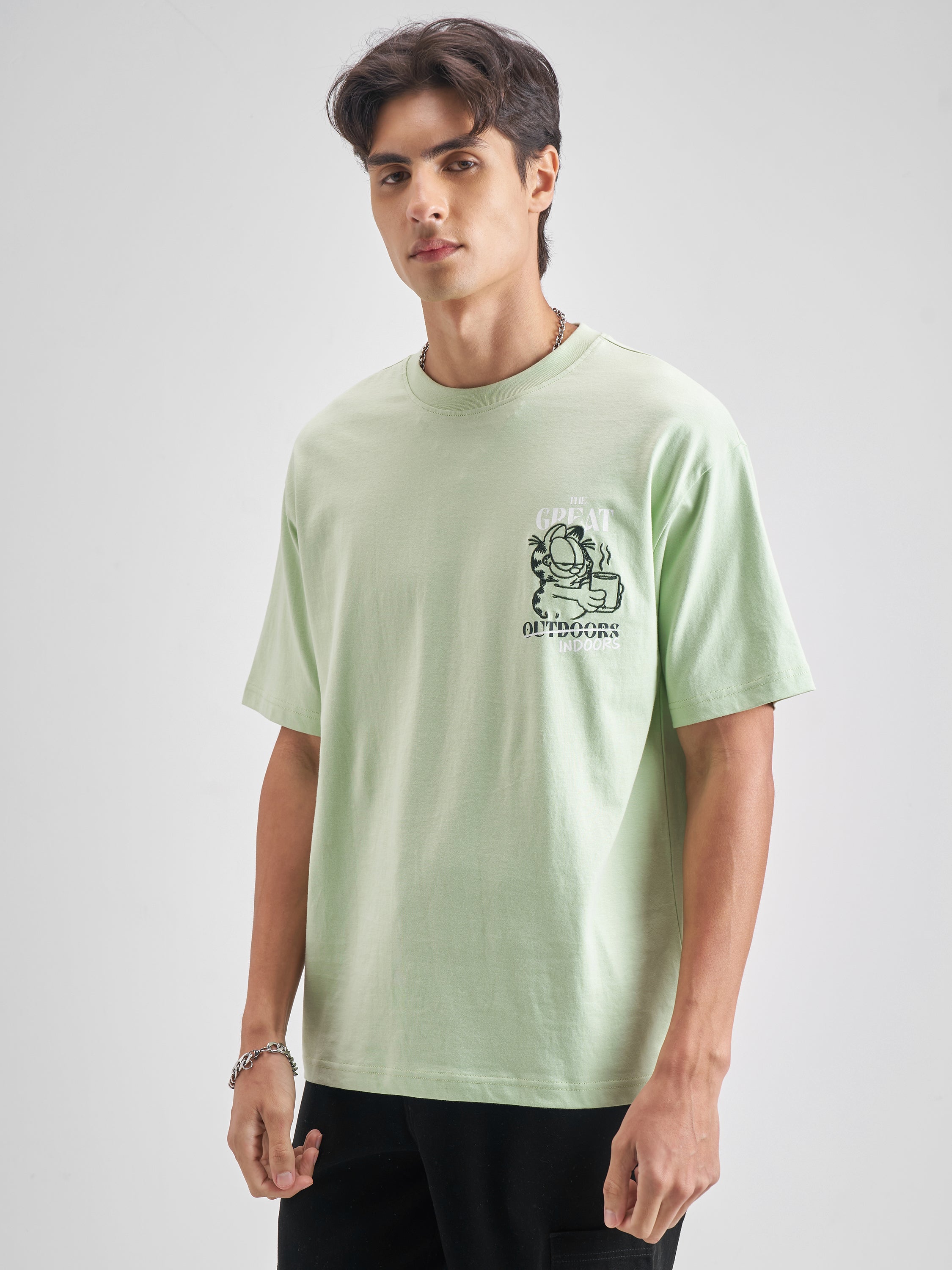 Highlander Men Green Garfield Embroidered Round Neck T-Shirt - Green - Image 4