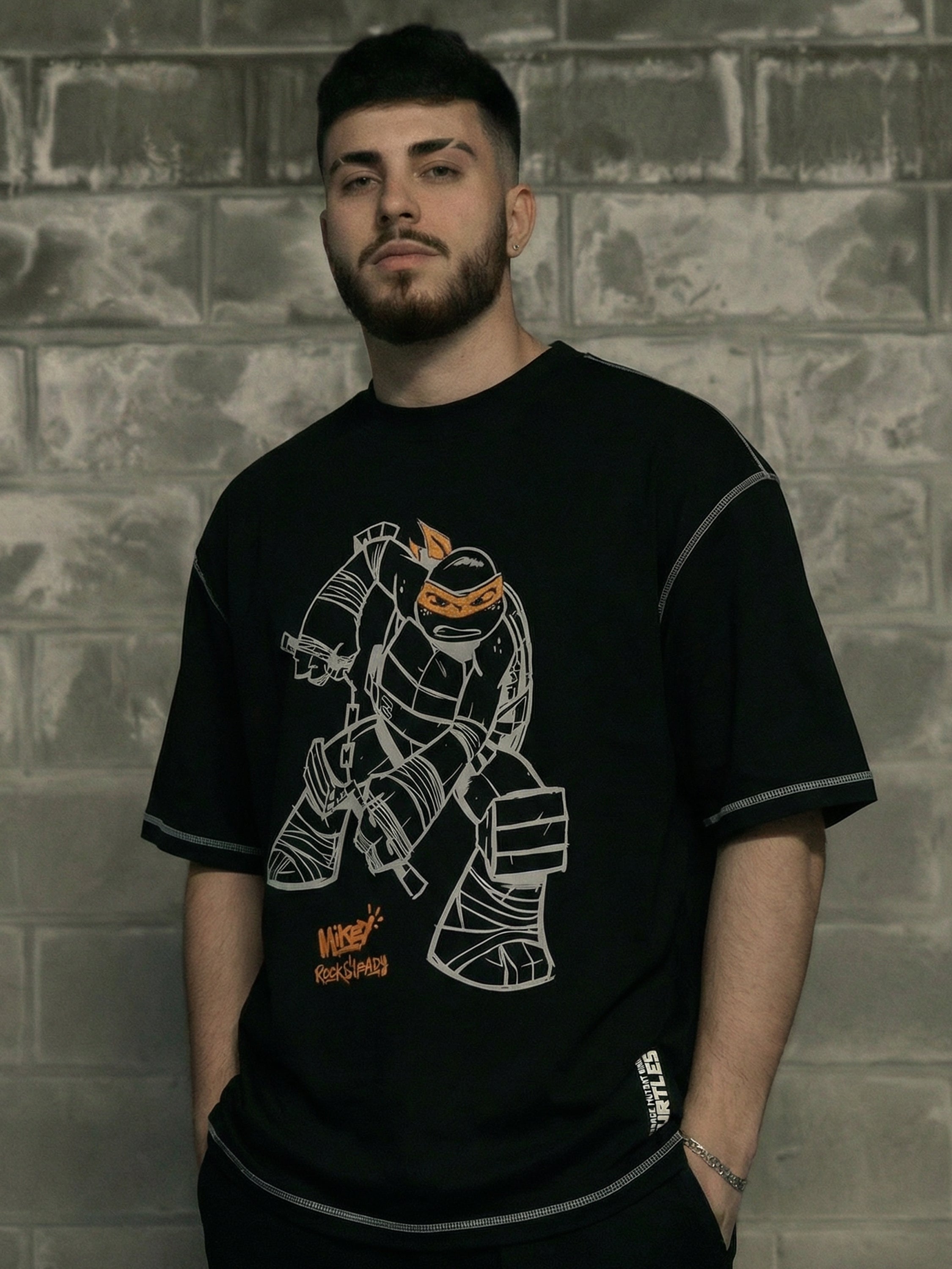 Highlander Men Black Ninja Turtles Embroidered Round Neck T-Shirt - Black - Image 3